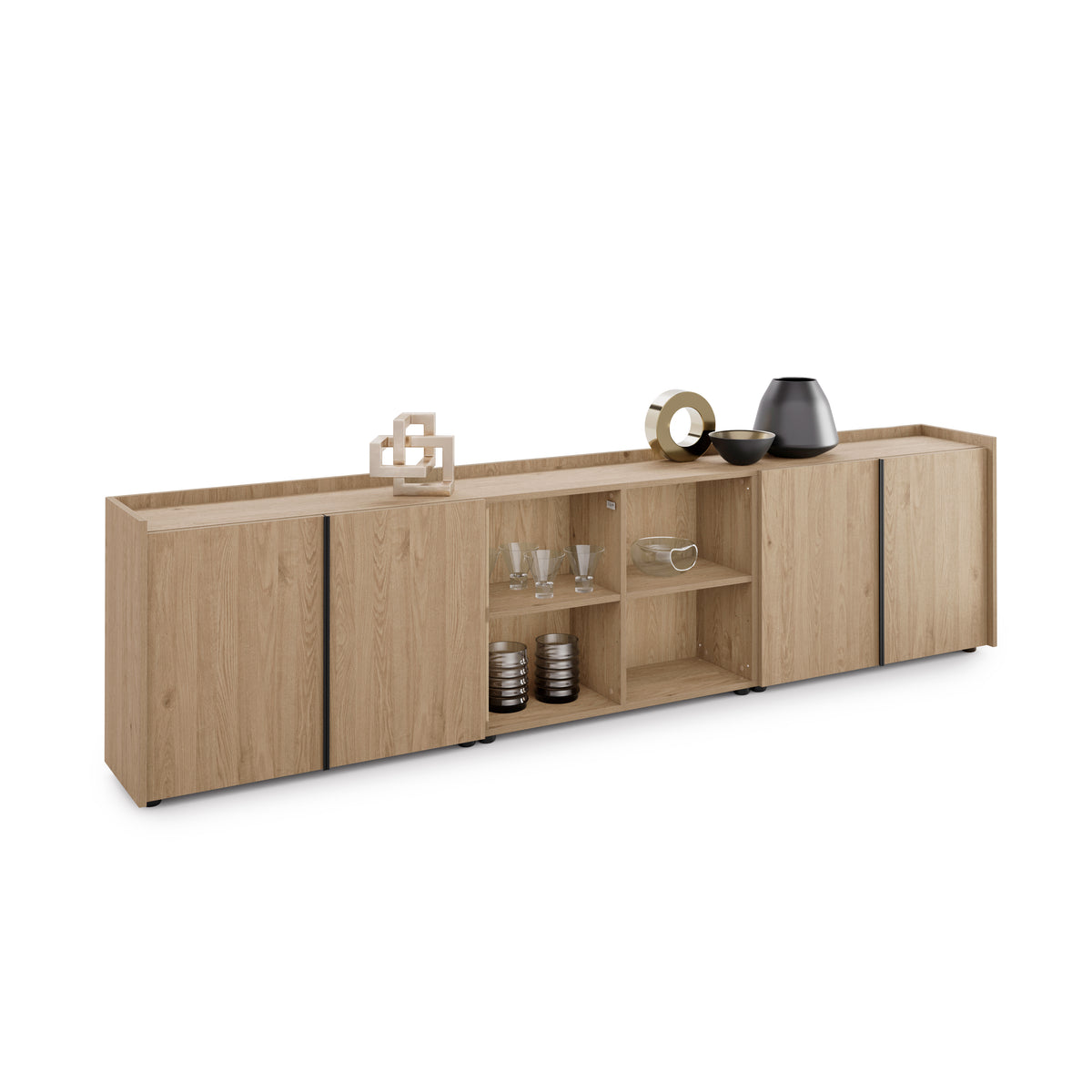 Romina Low Sideboard (273.6x36x70 cm), 4 Doors, Light Oak