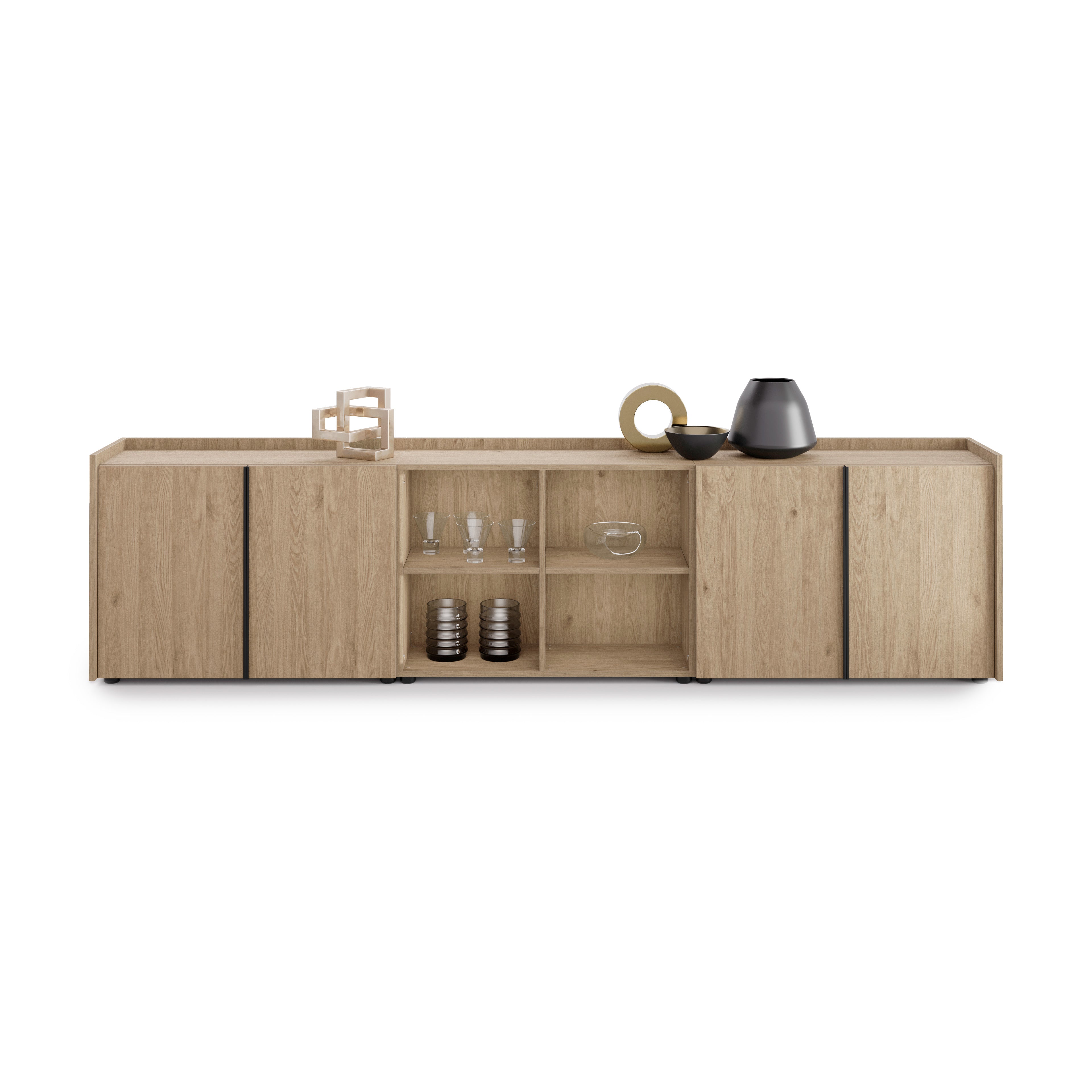 Romina Low Sideboard (273.6x36x70 cm), 4 Doors, Light Oak