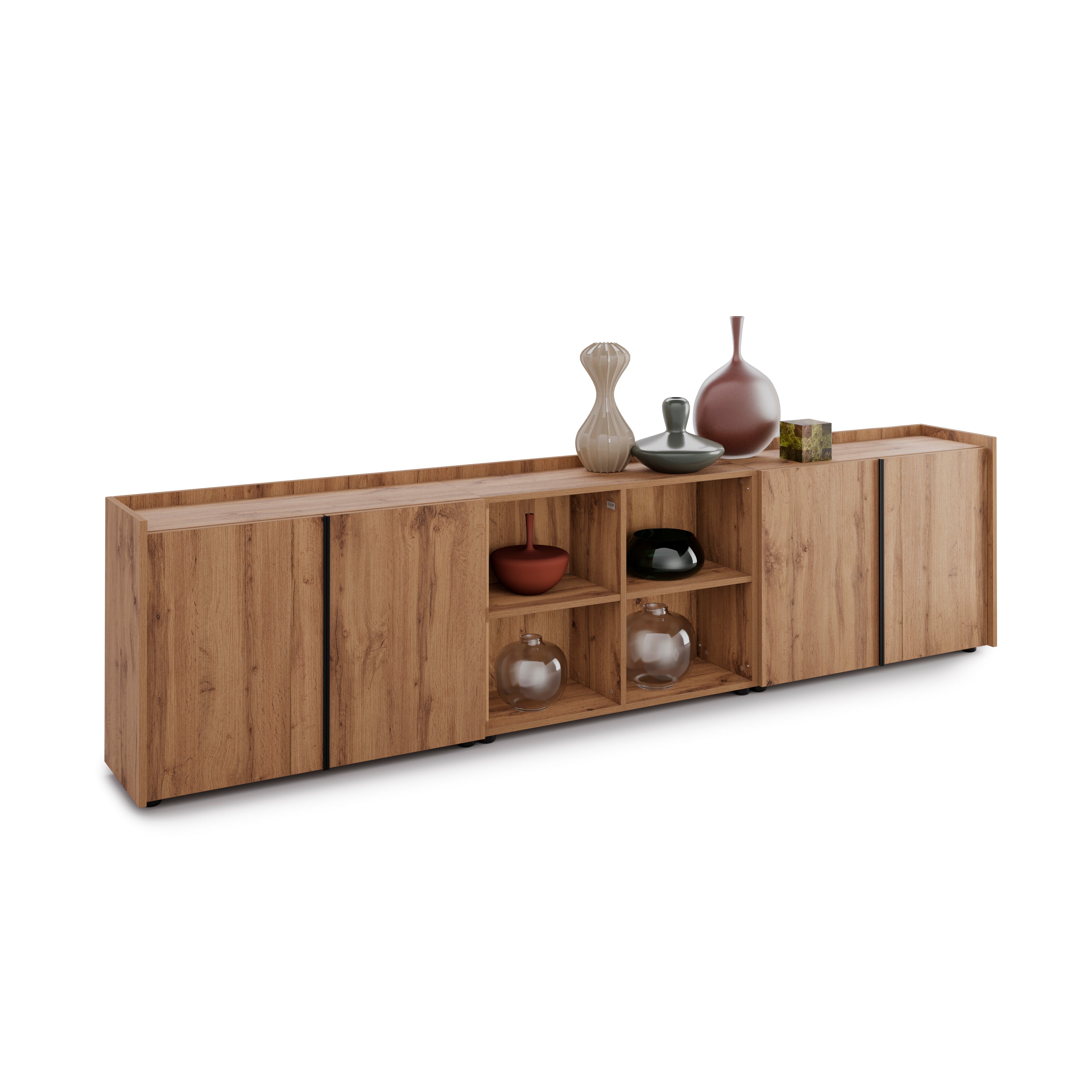 Meuble Bas Romina (273,6x36x70 cm), 4 Portes, Bois Rustique