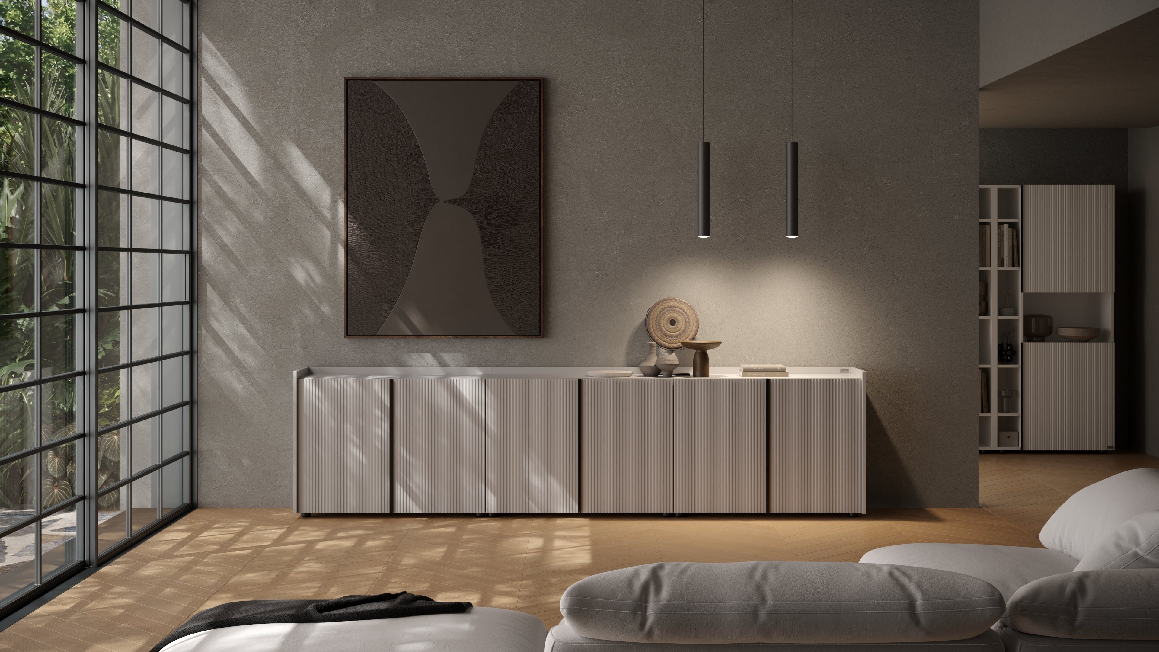 Niedriges gerilltes Sideboard Romina (273,6x36x44 cm), 4 Türen, Weiß Matt - Set image 2