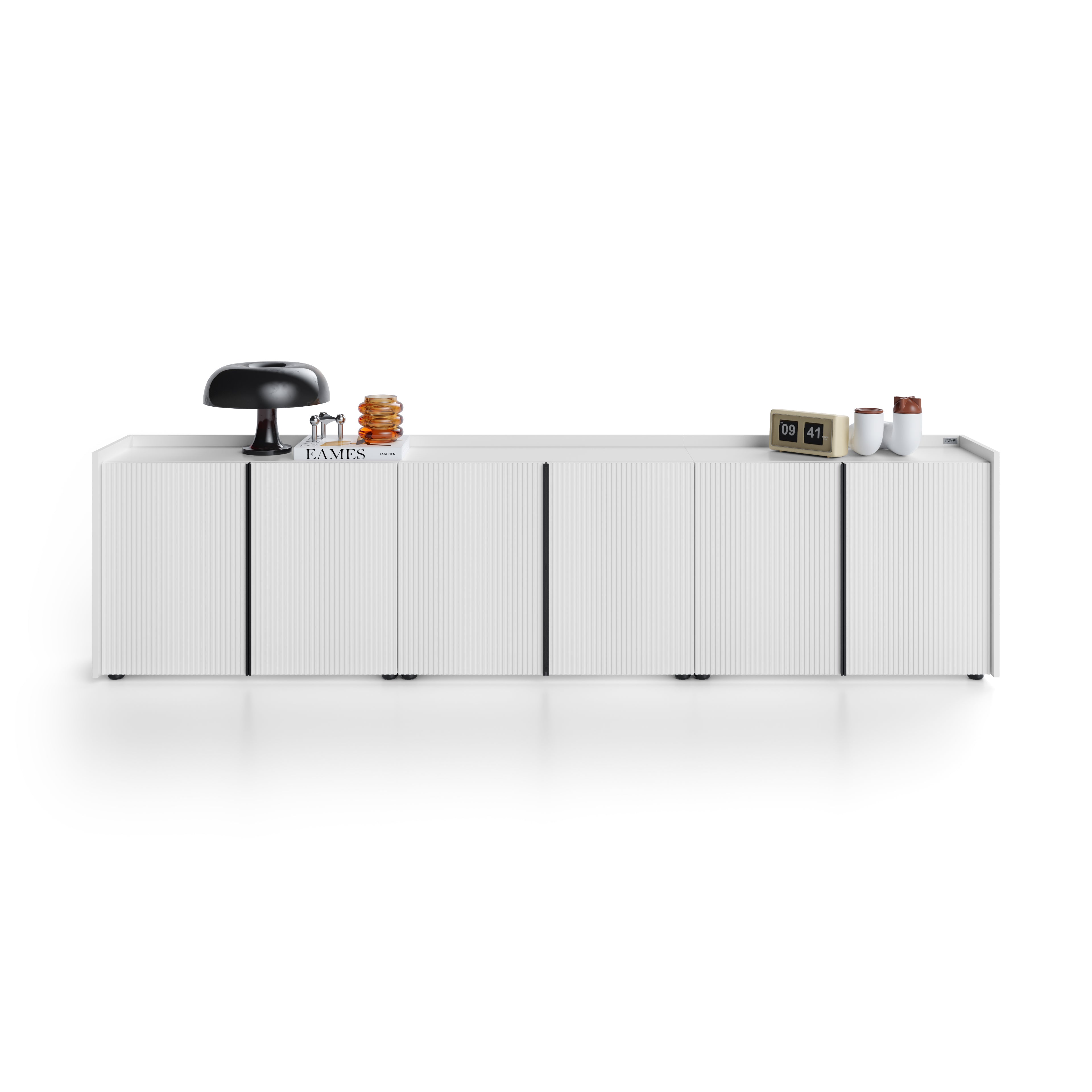 Buffet bas cannelé Romina (273,6x36x70 cm), 6 Portes, Blanc Mat
