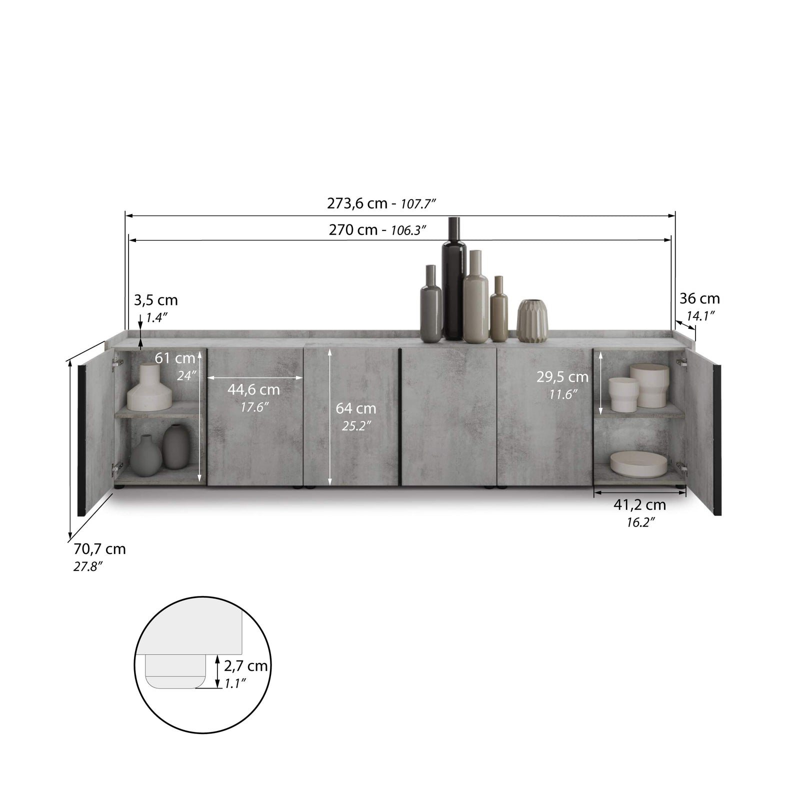 Mobile Basso Romina (273,6x36x70 cm), 6 Ante, Grigio Cemento - Immagine tecnica 1