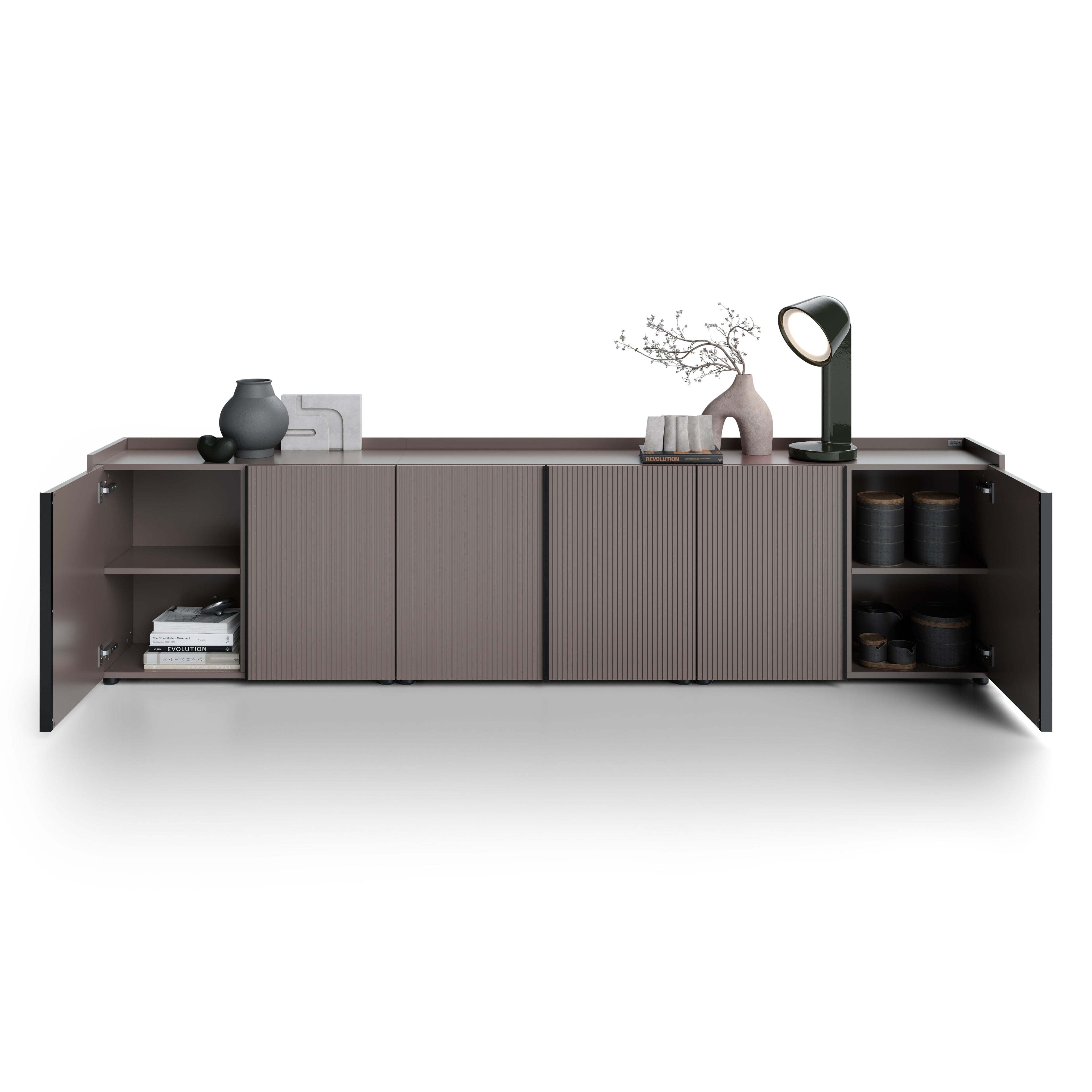 Buffet bas cannelé Romina (273,6x36x70 cm), 6 Portes, Gris Bleuté