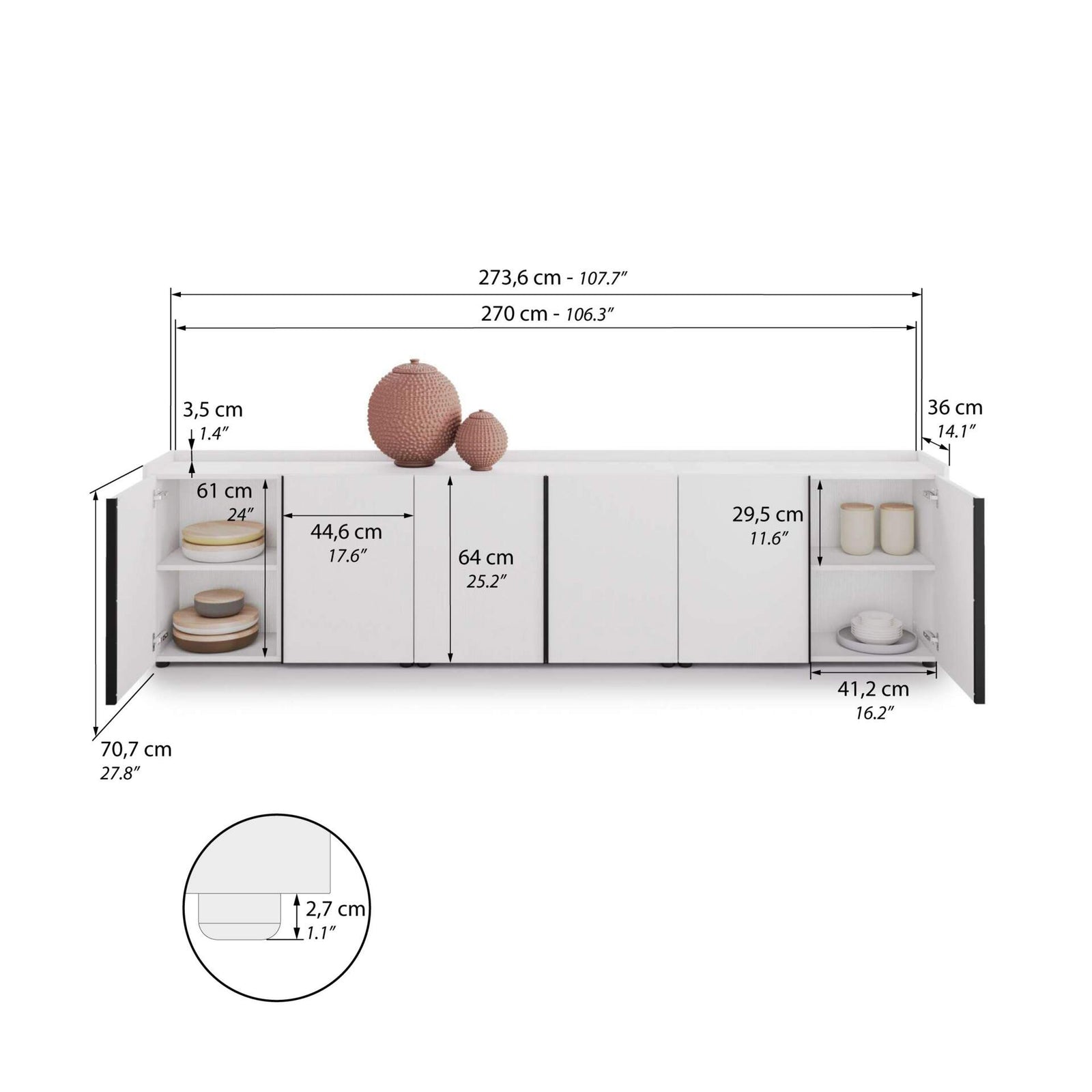 Meuble Bas Romina (273,6x36x70 cm), 6 Portes, Frêne Blanc - Immagine tecnica 1