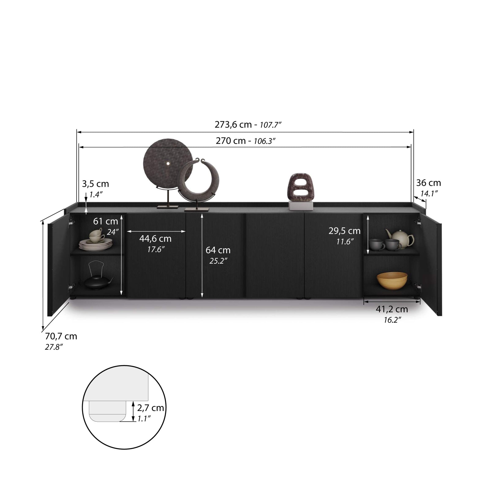 Romina Low Sideboard (273.6x36x70 cm), 6 Doors, Ashwood Black - Immagine tecnica 1