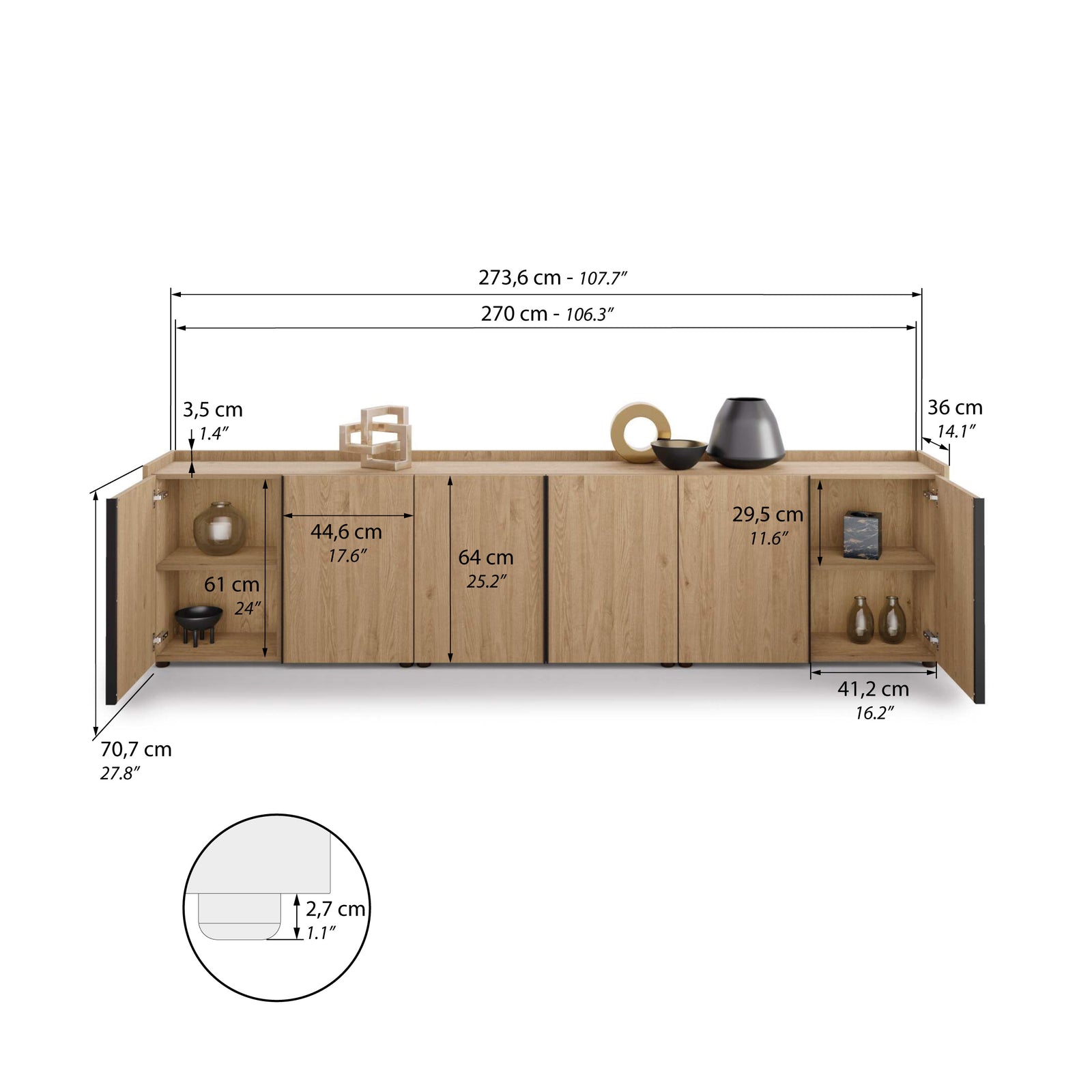 Lowboard Romina (273,6x36x70 cm), 6 Türen, Wildeiche - Immagine tecnica 1