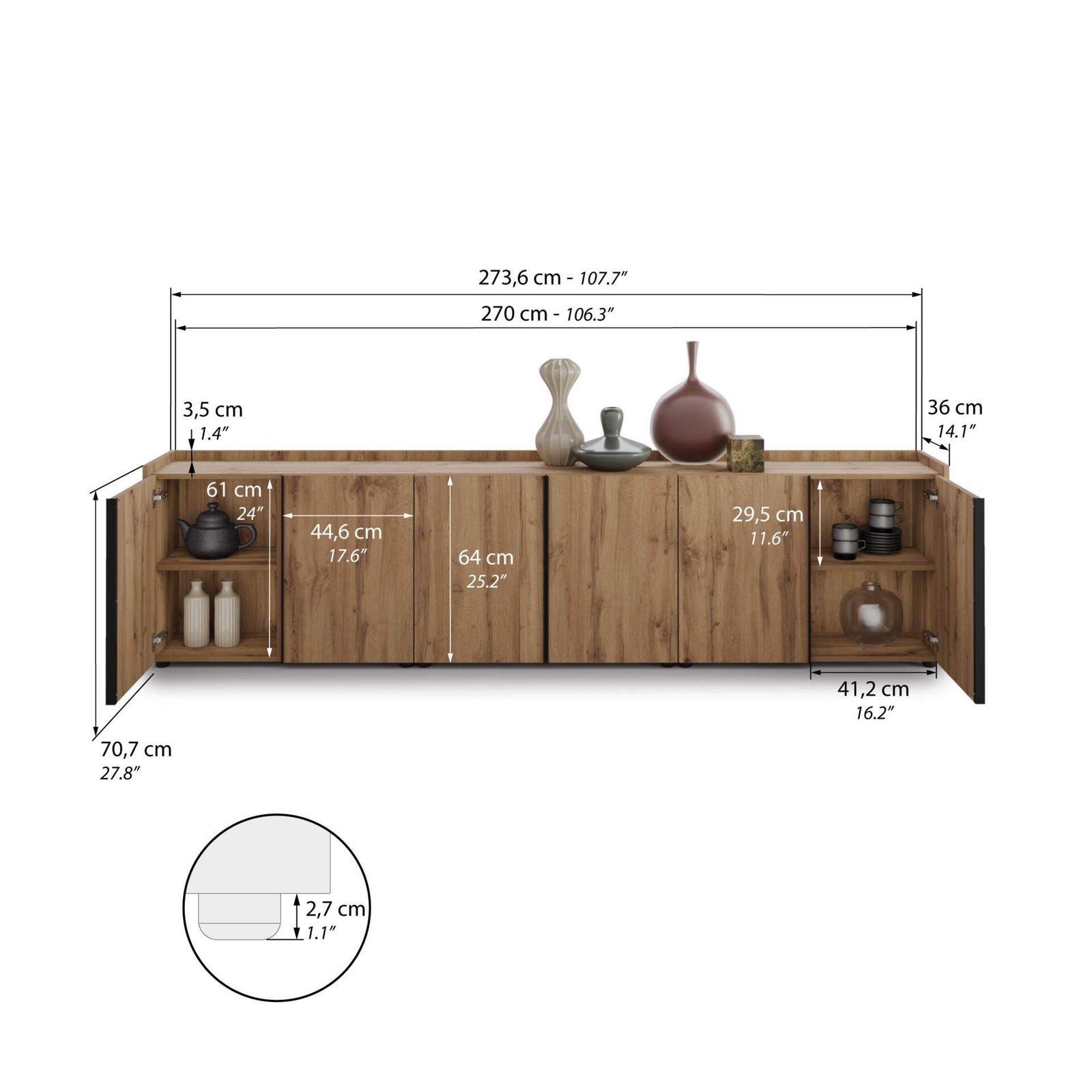 Lowboard Romina (273,6x36x70 cm), 6 Türen, Rustikale Eiche - Immagine tecnica 1