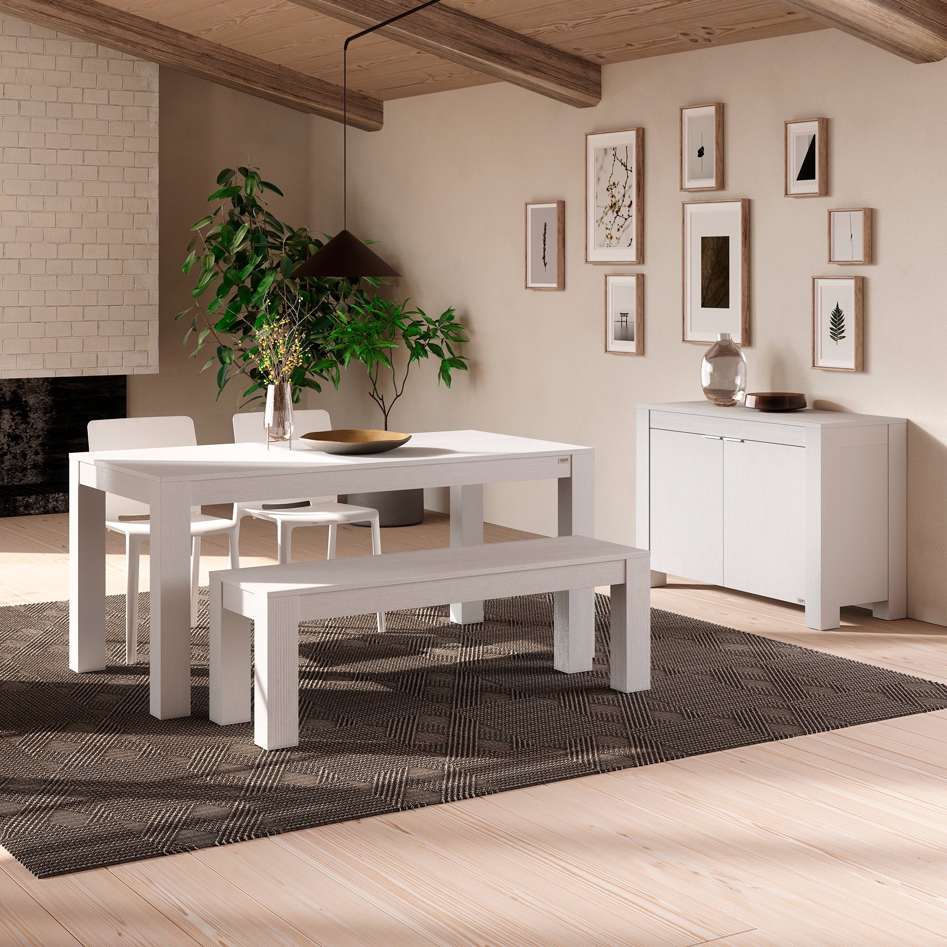 Esstisch Rachele 160x90 cm + 2 feste Bänke Rachele 135x45 cm, Esche Weiß - Set image 1