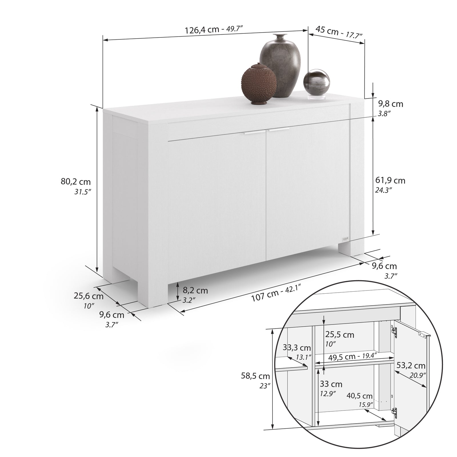 Buffet bas 2 portes Rachele, (126,5x45x80 cm), Frêne Blanc - Immagine tecnica 2