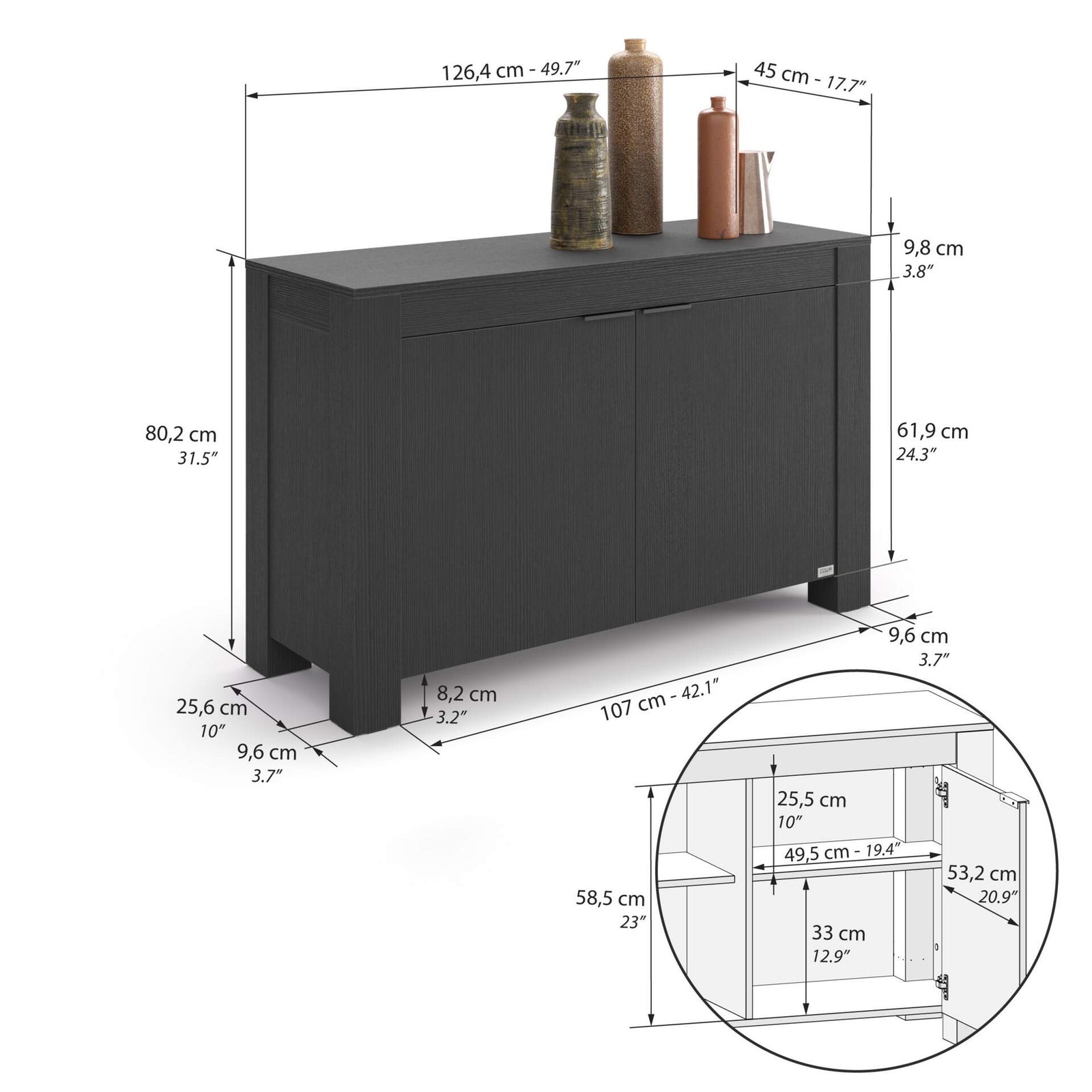 Buffet bas 2 portes Rachele, (126,5x45x80 cm), Frêne Noir - Immagine tecnica 2