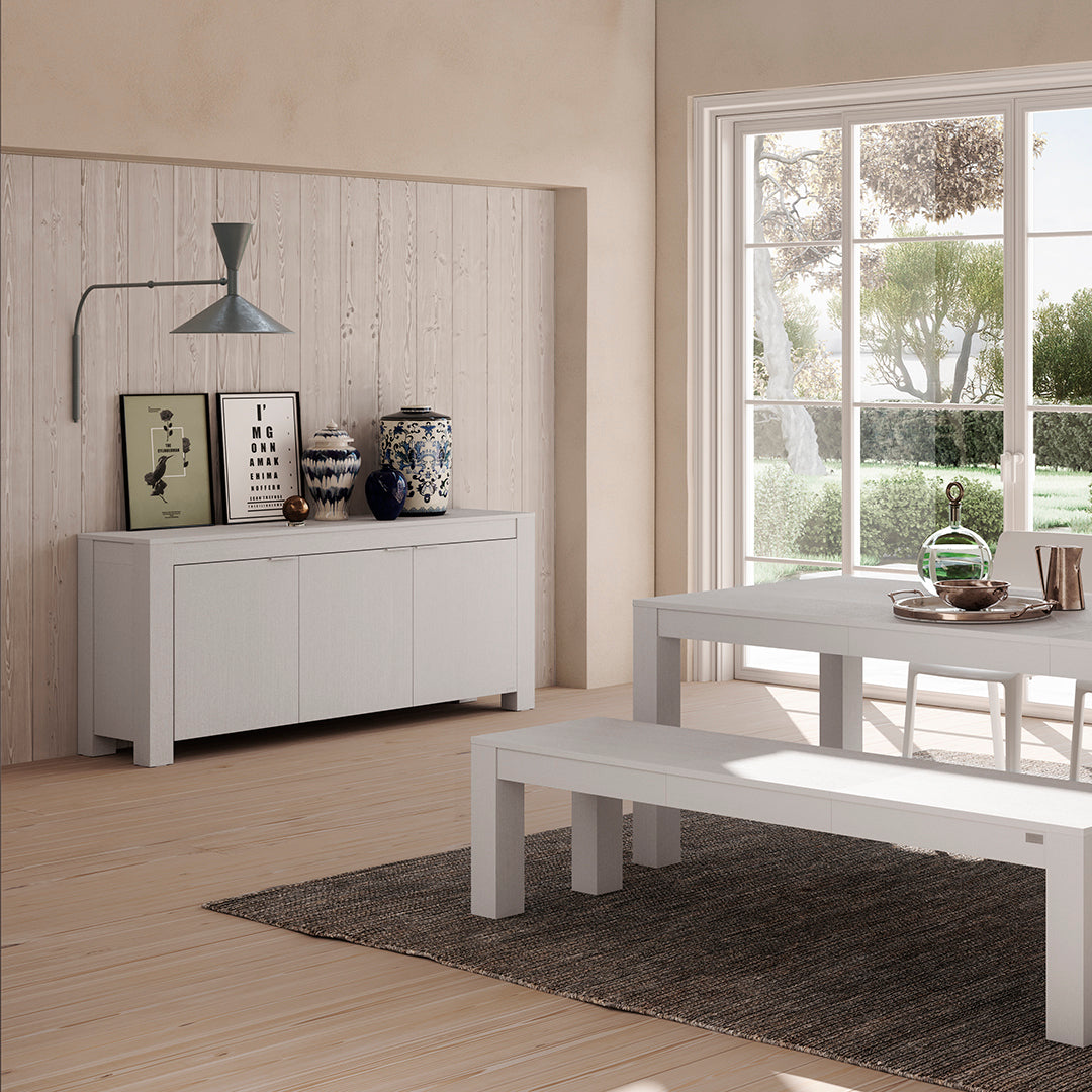Buffet bas 3 portes Rachele, (180x45x80 cm), Frêne Blanc - Image d’ensemble 1