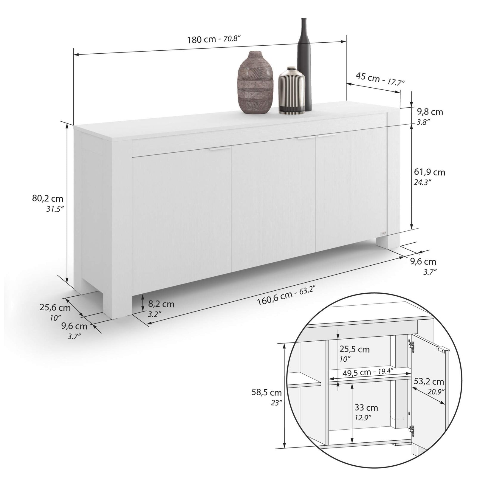 Credenza bassa con 3 ante Rachele, (180x45x80 cm), Bianco Frassino - Immagine tecnica 2