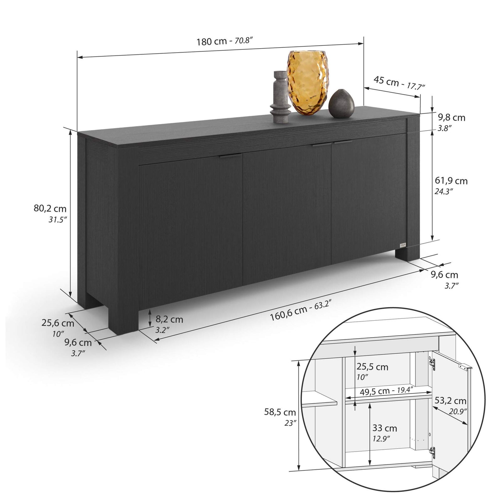 Rachele Low Sideboard with 3 Doors, (71x18x31 in), Ashwood Black - Immagine tecnica 2