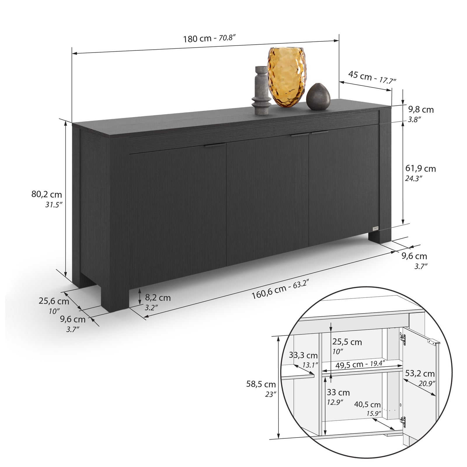 Rachele Low Sideboard with 3 Doors, (180x45x80 cm), Ashwood Black - Immagine tecnica 2