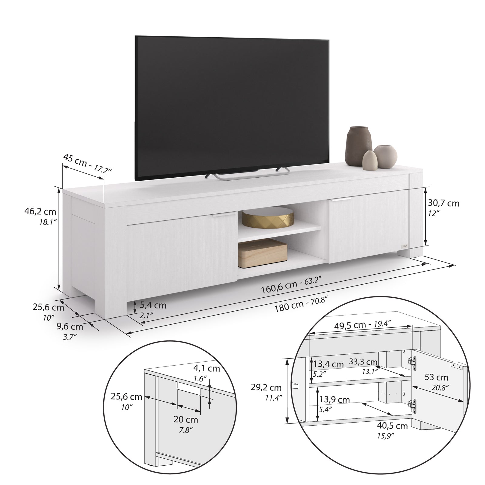 Meuble TV avec niche ouverte et 2 portes Rachele, (180x45x45,8 cm), Frêne Blanc - Immagine tecnica 1