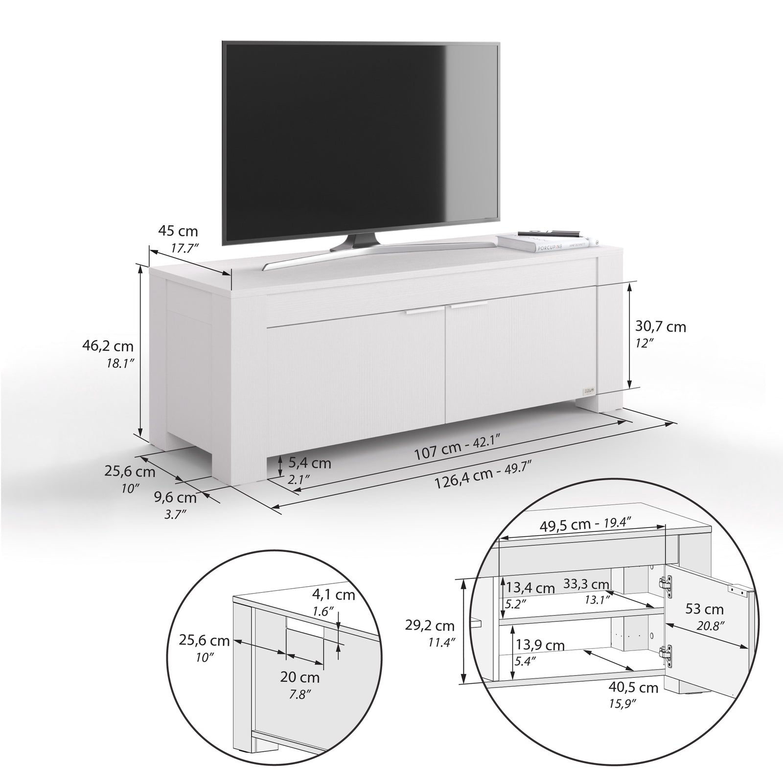 TV Sideboard mit 2 Türen Rachele (126,5x45x45,8 cm), Esche Weiß - Immagine tecnica 1