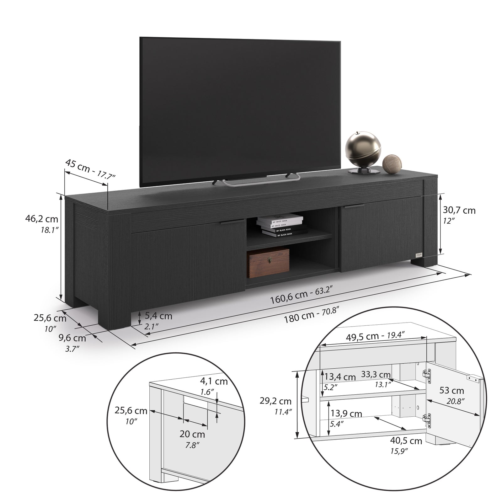 TV Sideboard mit offenem Fach und 2 Türen Rachele (180x45x45,8 cm), Esche Zwart - Immagine tecnica 1