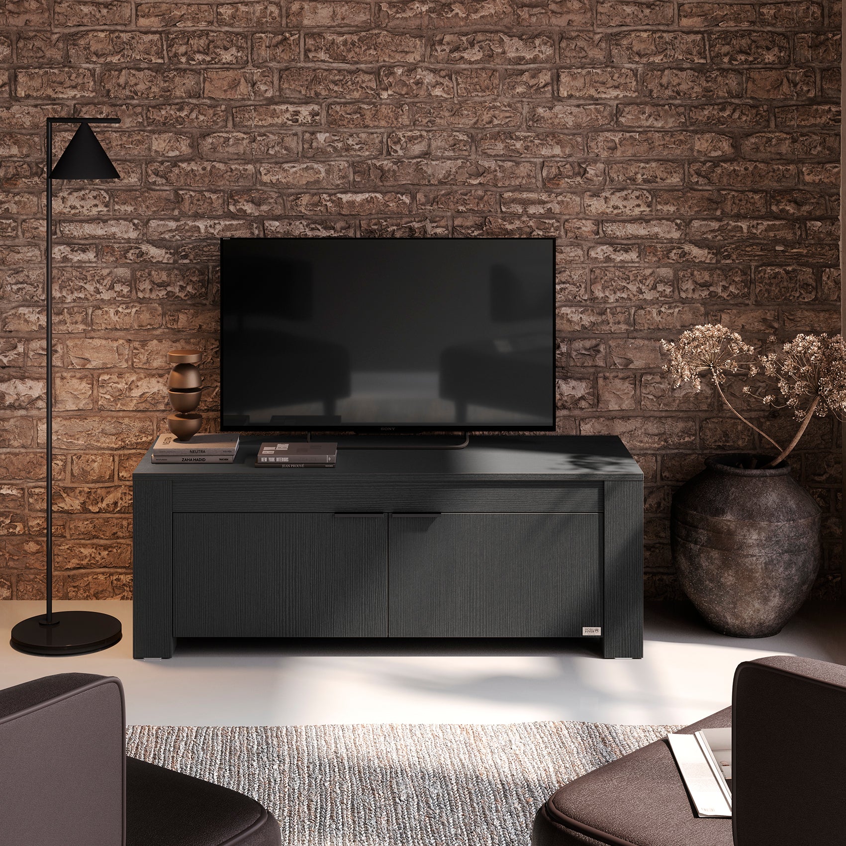 TV Stand with 2 Doors Rachele, (50x18x18 in), Ashwood Black - Set image 1