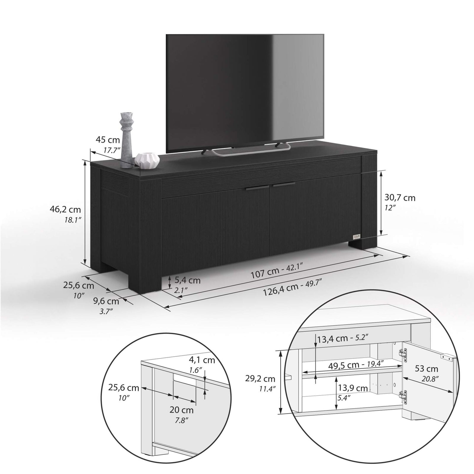 TV Stand with 2 Doors Rachele, (50x18x18 in), Ashwood Black - Immagine tecnica 1