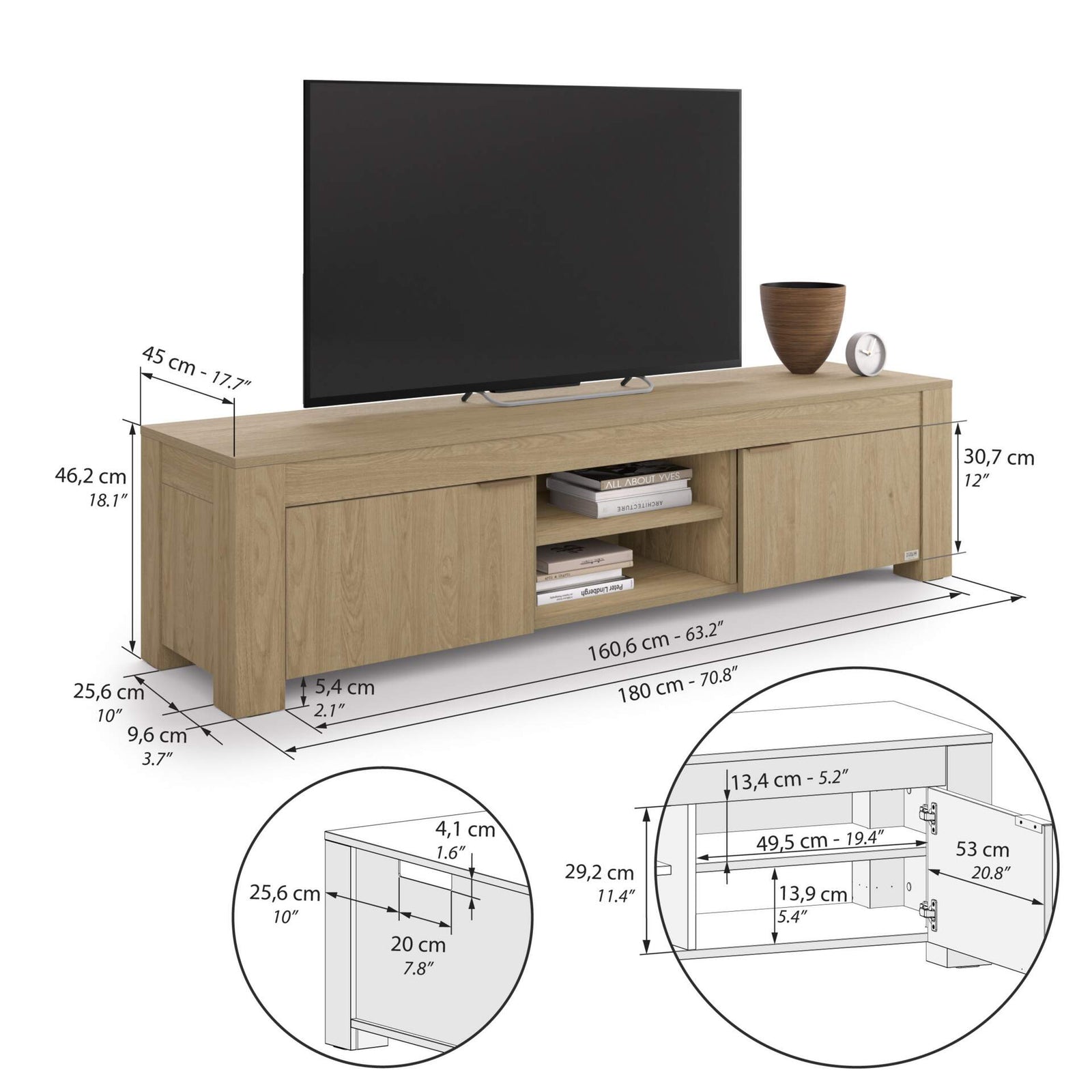 TV Stand with Open Shelf and 2 Doors Rachele, (180x45x45,8 cm), Light Oak - Immagine tecnica 1