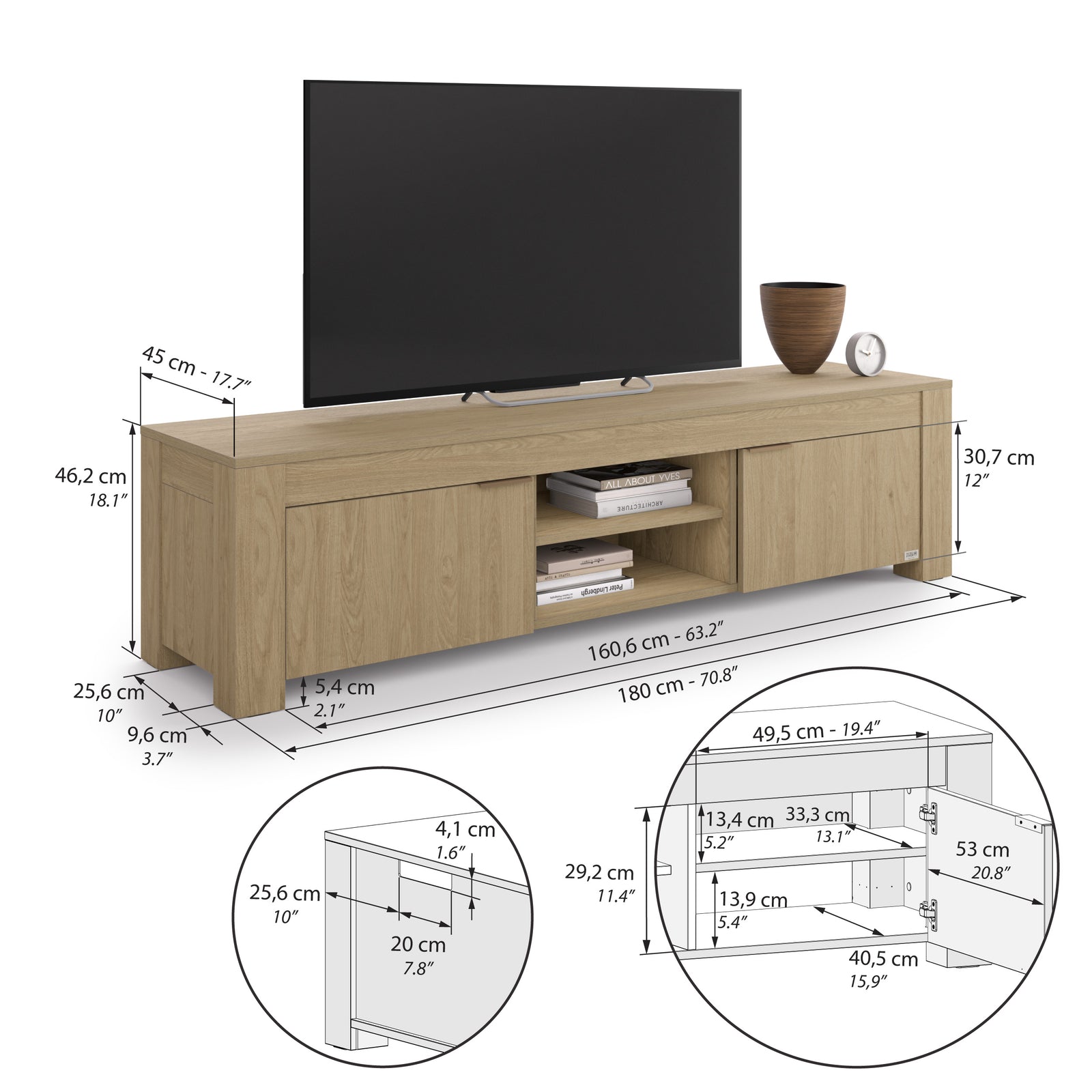 Comodă TV cu nișă deschisă și 2 uși Rachele (180x45x45,8 cm), Stejar Natural - Immagine tecnica 1