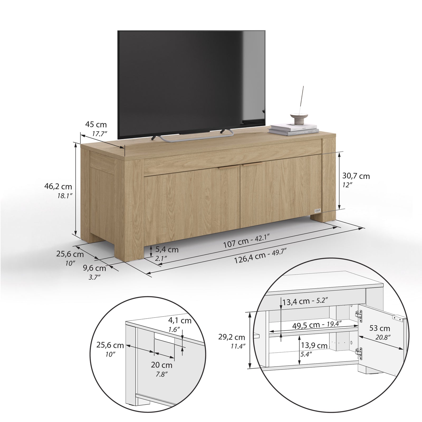 TV Stand with 2 Doors Rachele, (50x18x18 in), Light Oak - Immagine tecnica 1