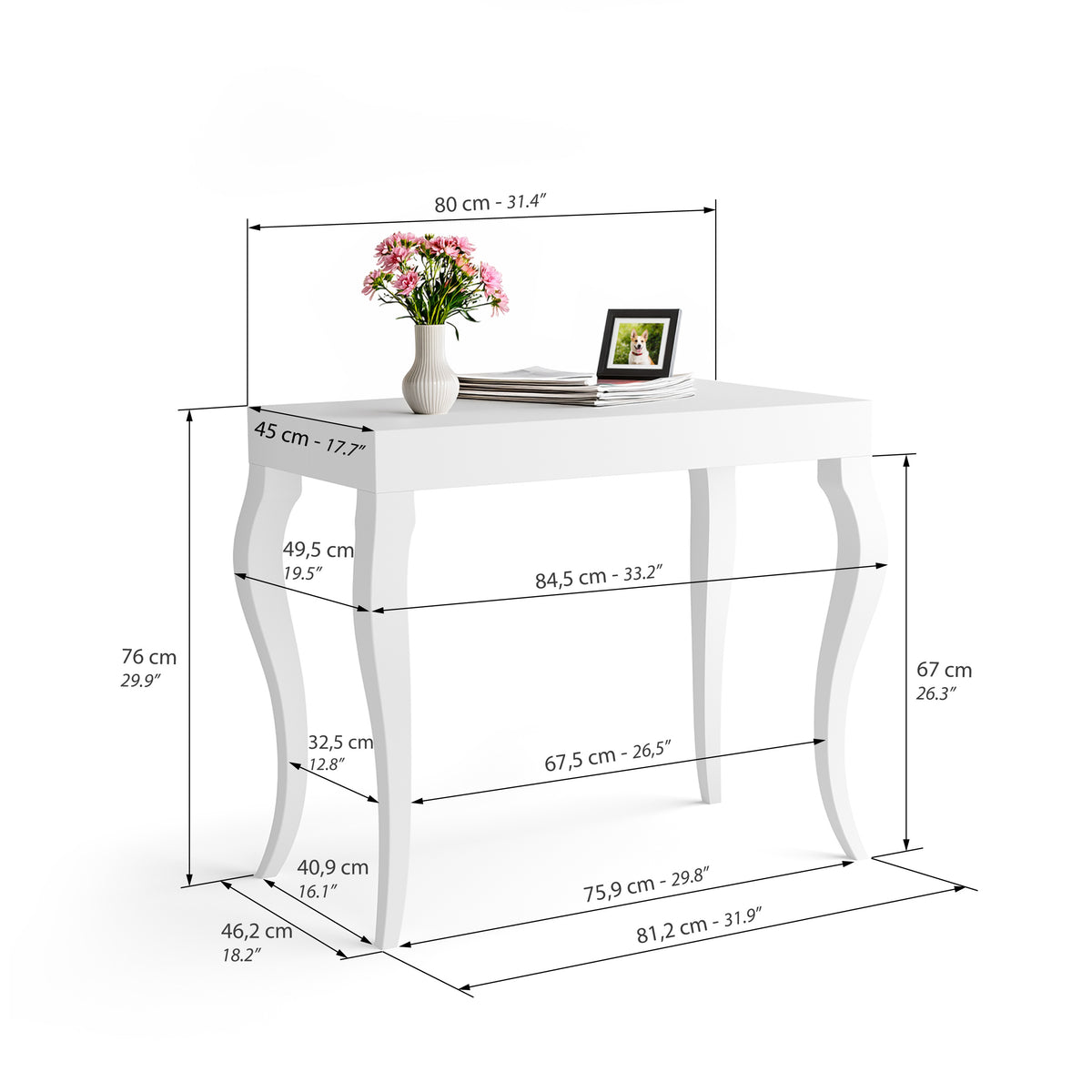 Classico, Extendable Console Table, 45(310)x80 cm, Matte White - Immagine tecnica 1