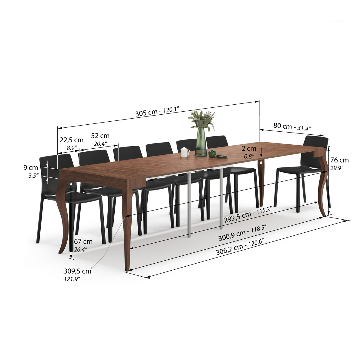 Classico, Extendable Console Table, 45(310)x80 cm, Canaletto Walnut - Immagine tecnica 2