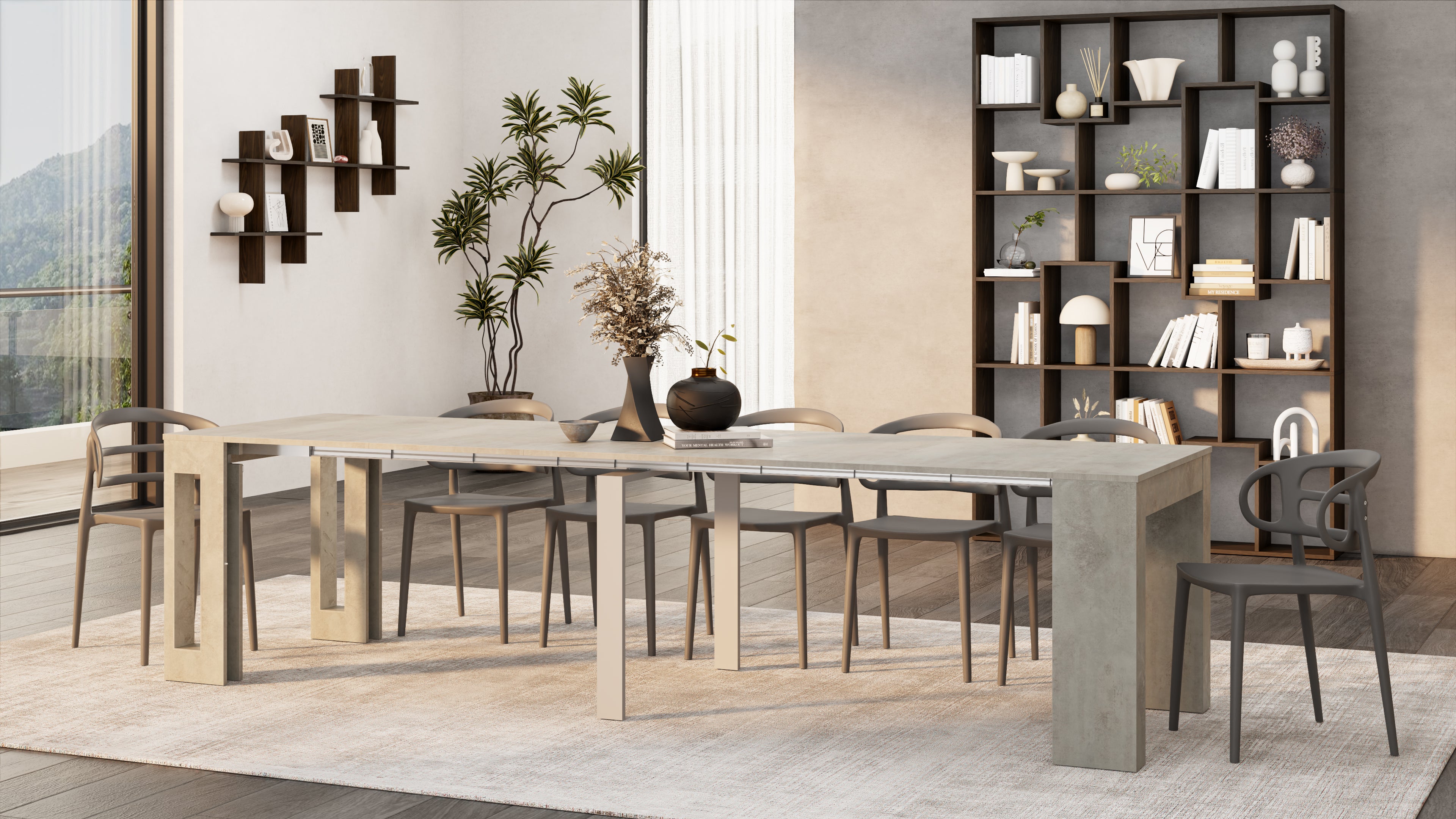 Tavolo Consolle Allungabile con porta prolunghe Easy, 45(305)x 90 cm, Grigio Cemento - Immagine ambientata 3