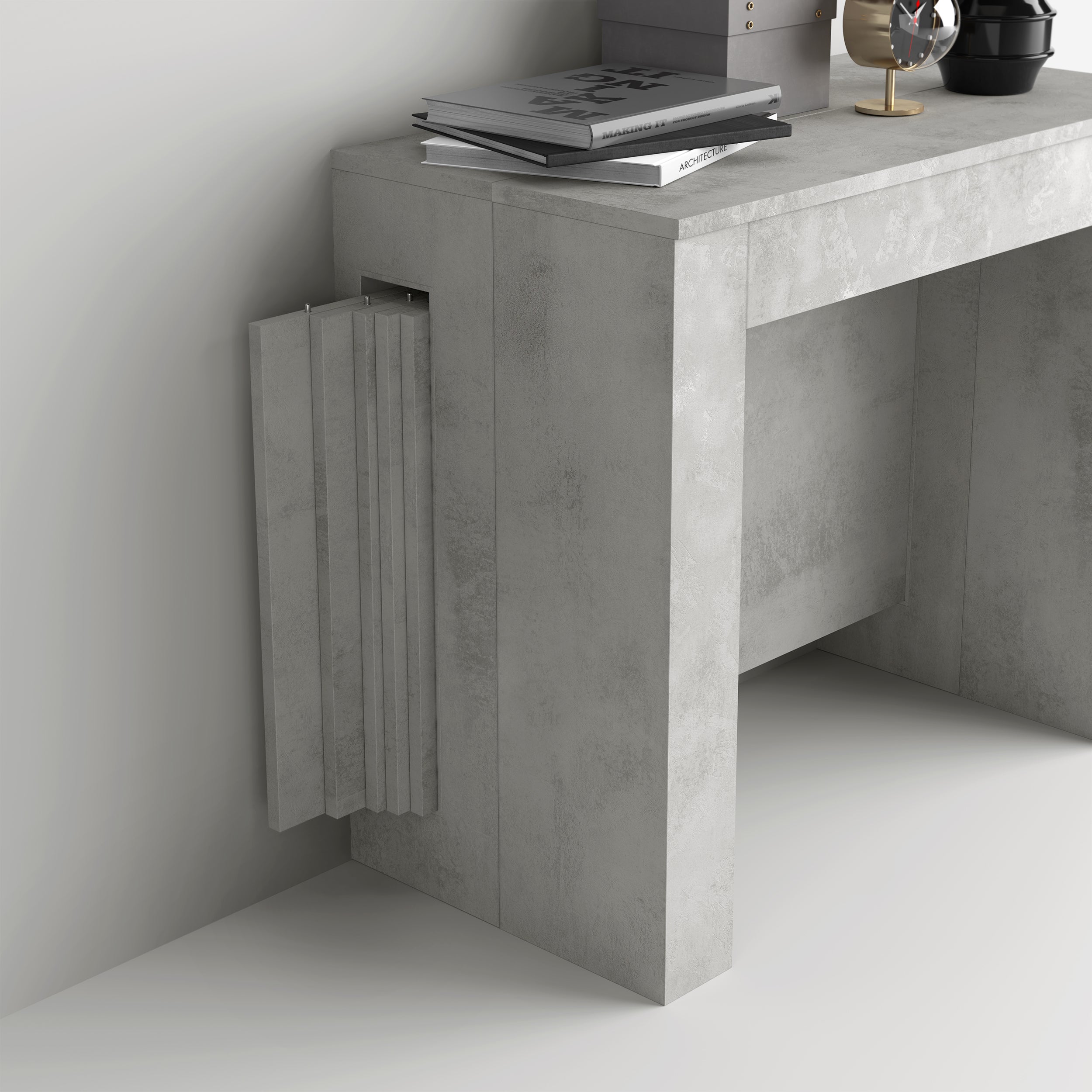 Tavolo Consolle Allungabile con porta prolunghe Easy, 45(305)x 90 cm, Grigio Cemento - Immagine dettaglio 2