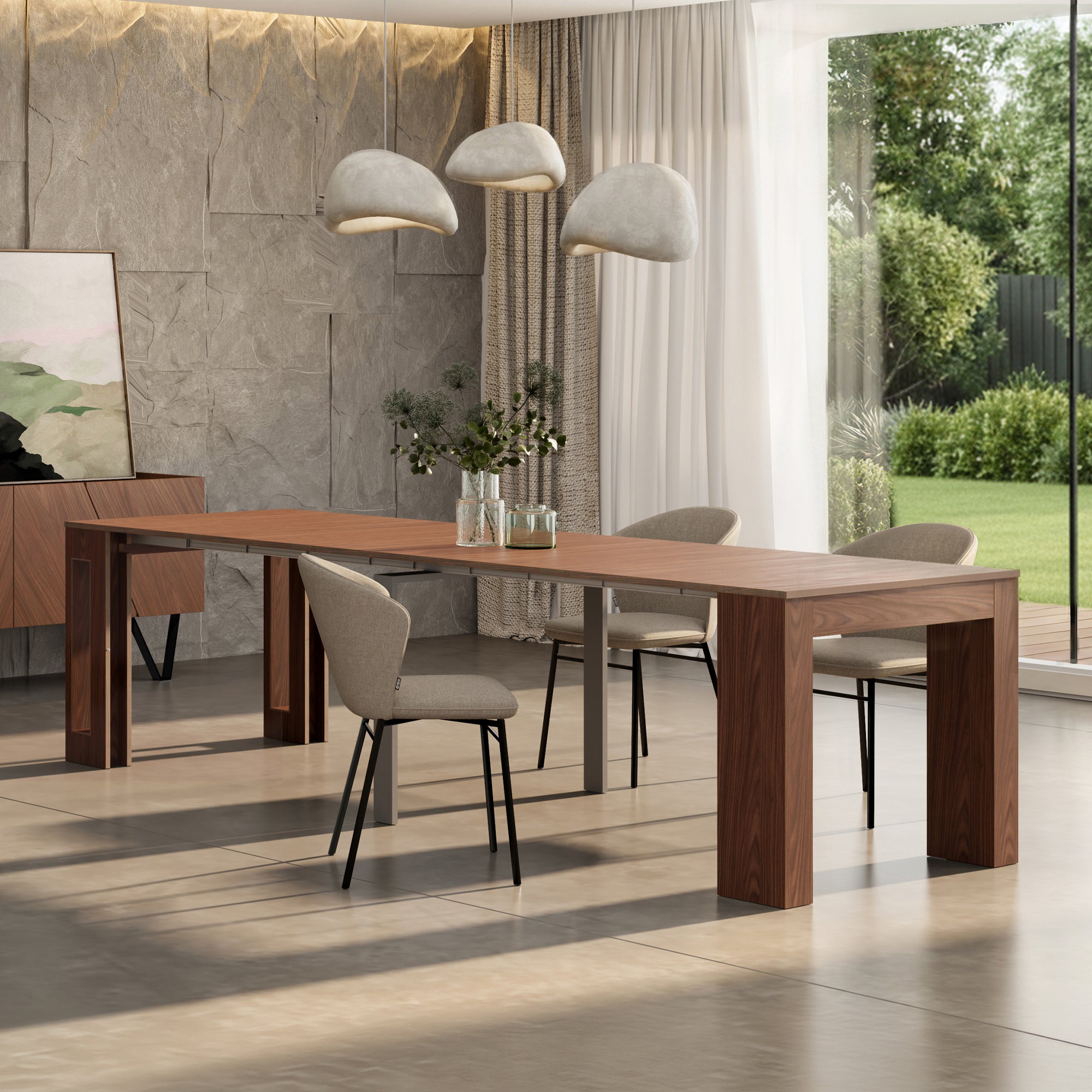 Tavolo Consolle Allungabile con porta prolunghe Easy, 45(305)x 90 cm, Noce Canaletto - Immagine ambientata 4