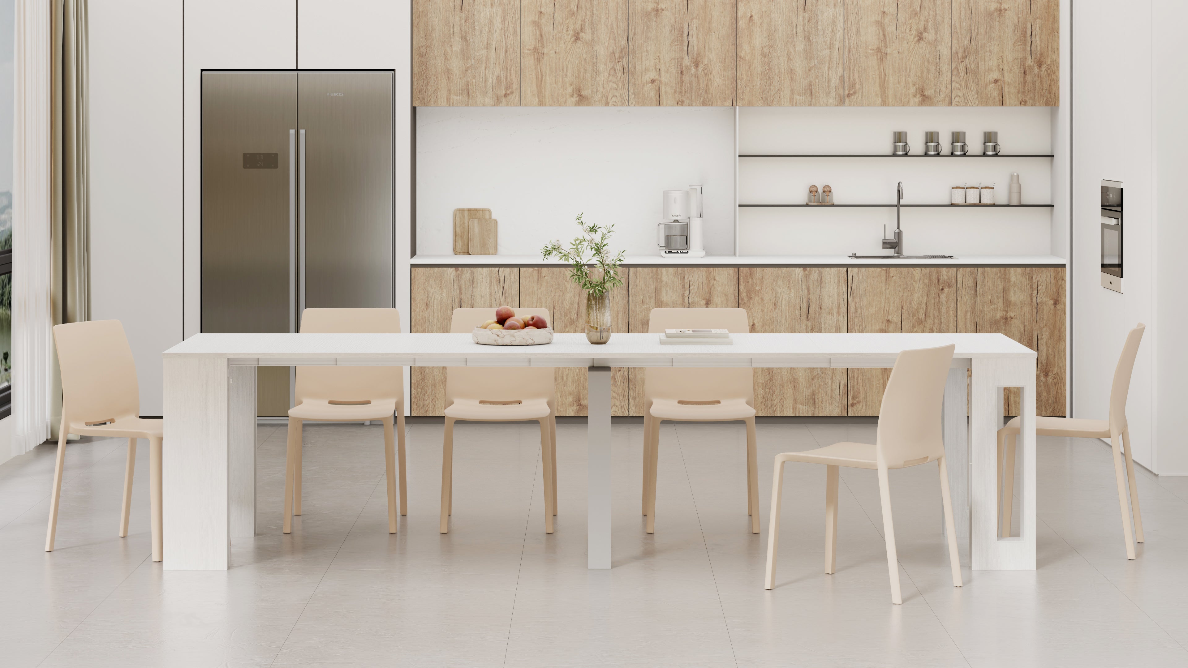 Tavolo Consolle Allungabile con porta prolunghe Easy, 45(305)x 90 cm, Bianco Frassino - Immagine ambientata 2