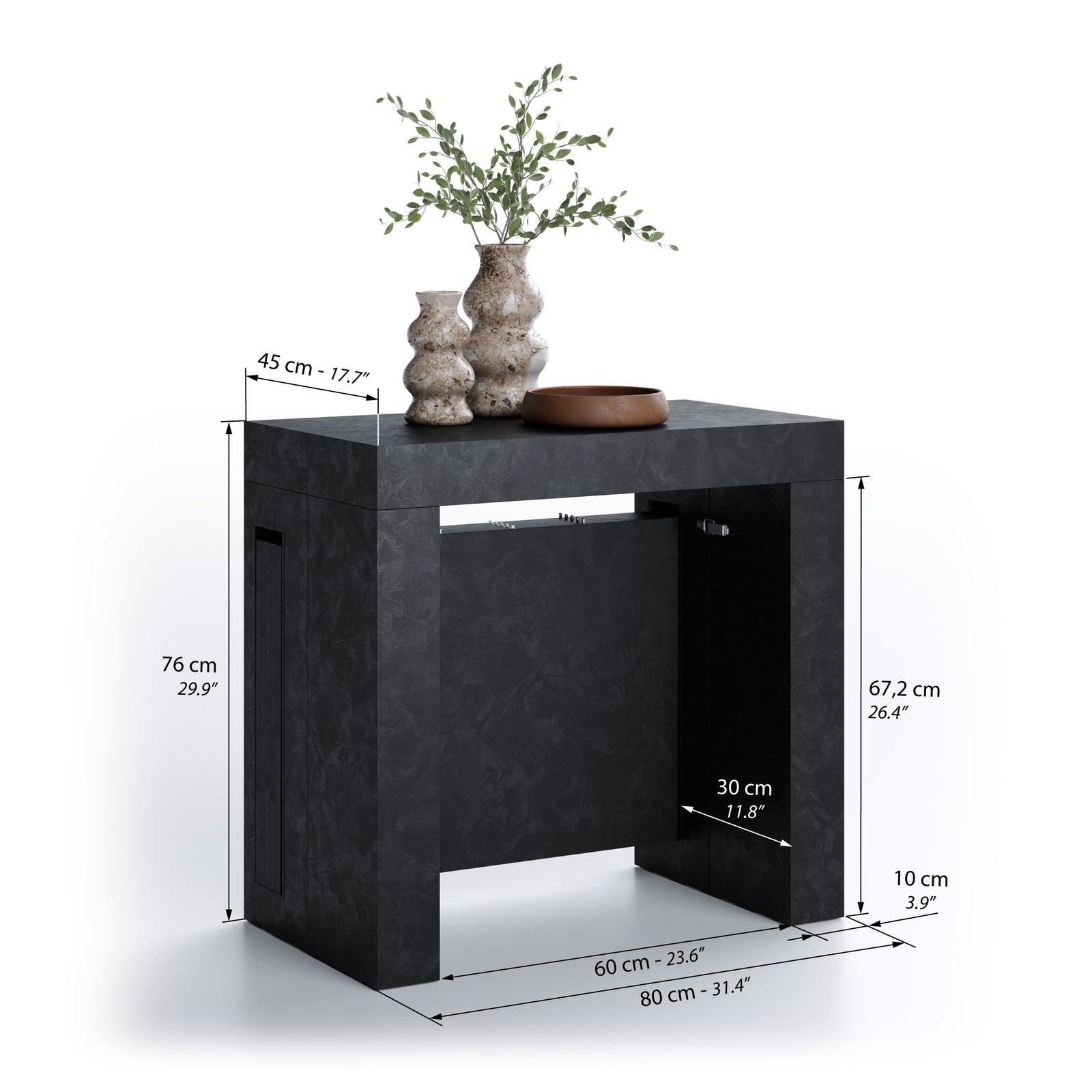 Evolution, ausziehbarer Konsolentisch mit Halterung für Verlängerungsplatten, 45(305)x80 cm, Schwarzer Beton - Immagine tecnica 1