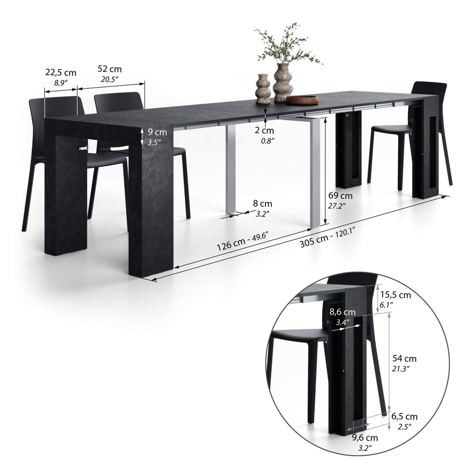 Evolution, ausziehbarer Konsolentisch mit Halterung für Verlängerungsplatten, 45(305)x80 cm, Schwarzer Beton - Immagine tecnica 2