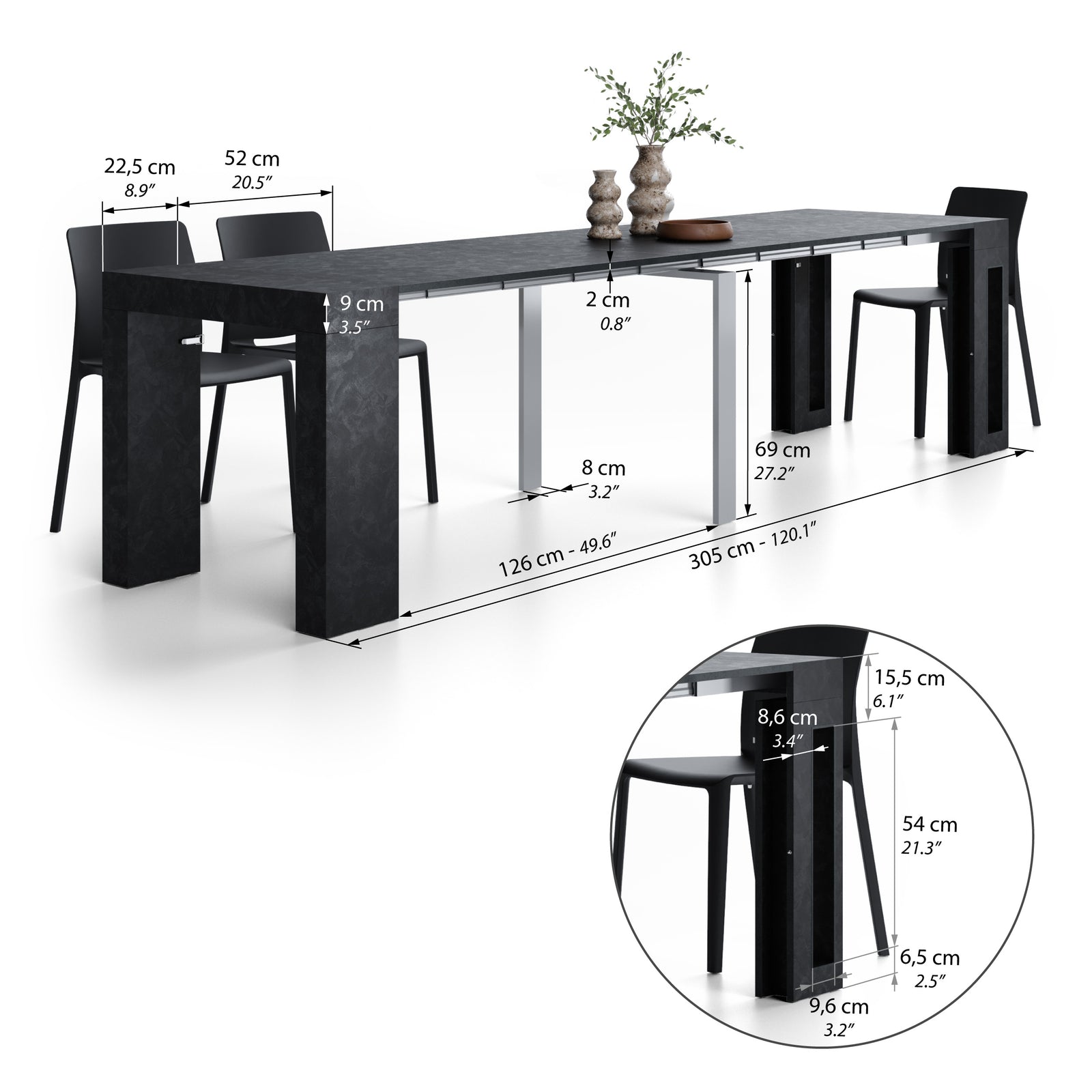 Evolution, ausziehbarer Konsolentisch mit Halterung für Verlängerungsplatten, 45(305)x80 cm, Schwarzer Beton - Immagine tecnica 2