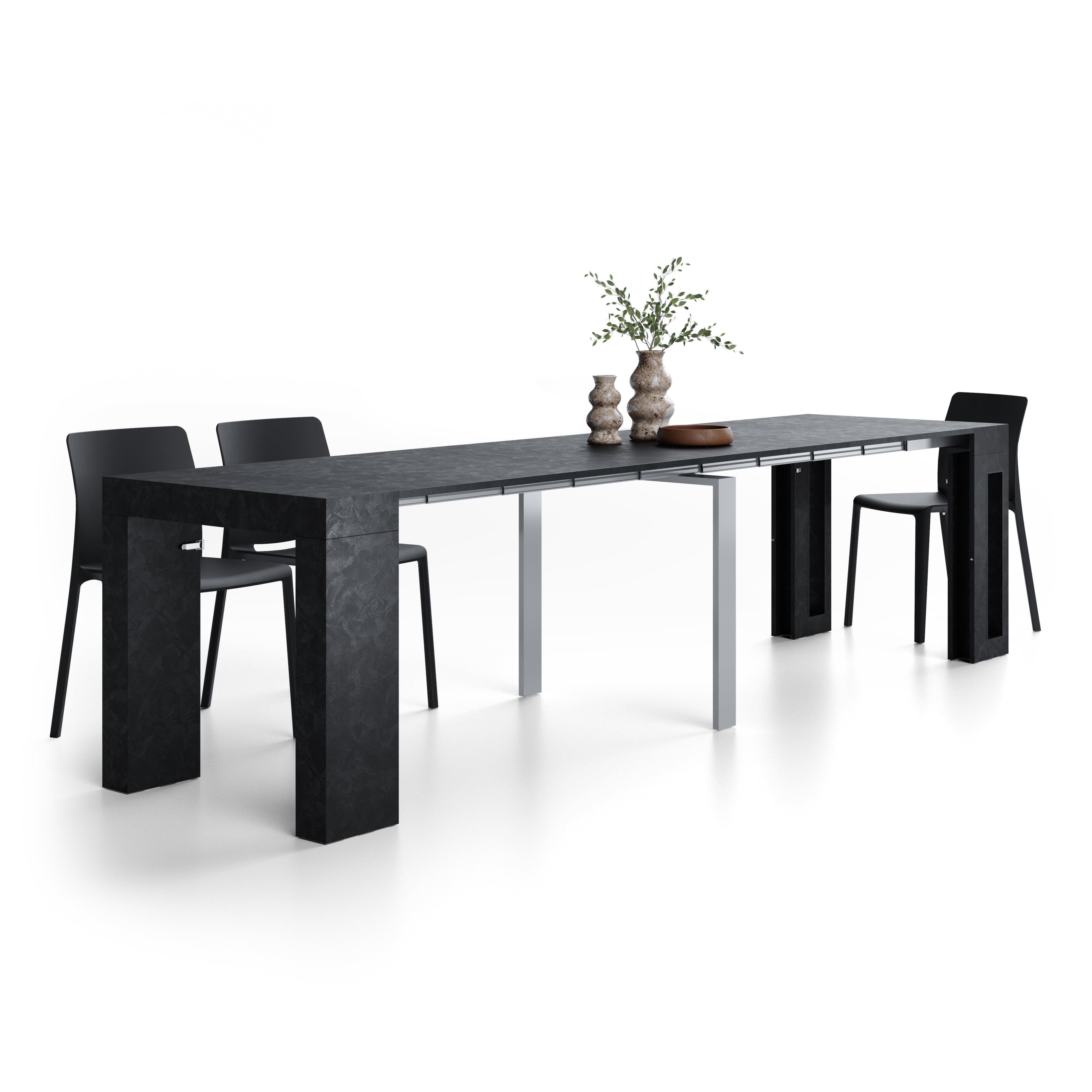 Evolution, ausziehbarer Konsolentisch mit Halterung für Verlängerungsplatten, 45(305)x80 cm, Schwarzer Beton