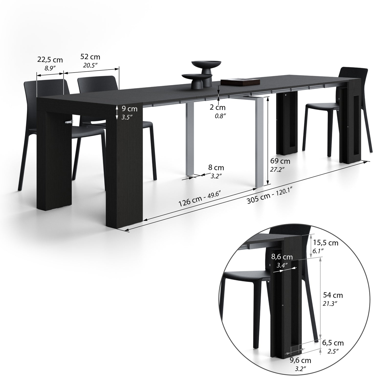 Evolution, ausziehbarer Konsolentisch mit Halterung für Verlängerungsplatten, 45(305)x80 cm, Esche, Schwarz - Immagine tecnica 2