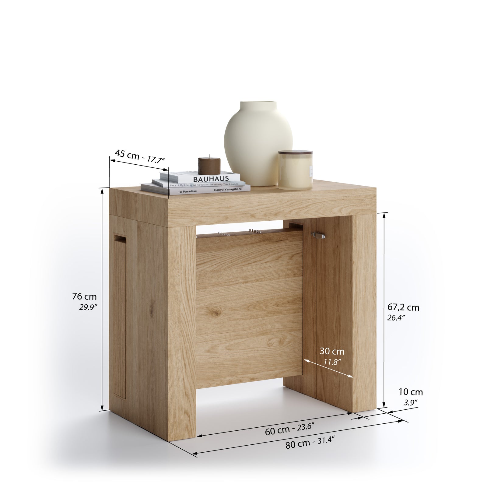 Mesa Consola Extensível com porta-extensões Evolution 45(305)x80 cm, Carvalho Natural - Immagine tecnica 1