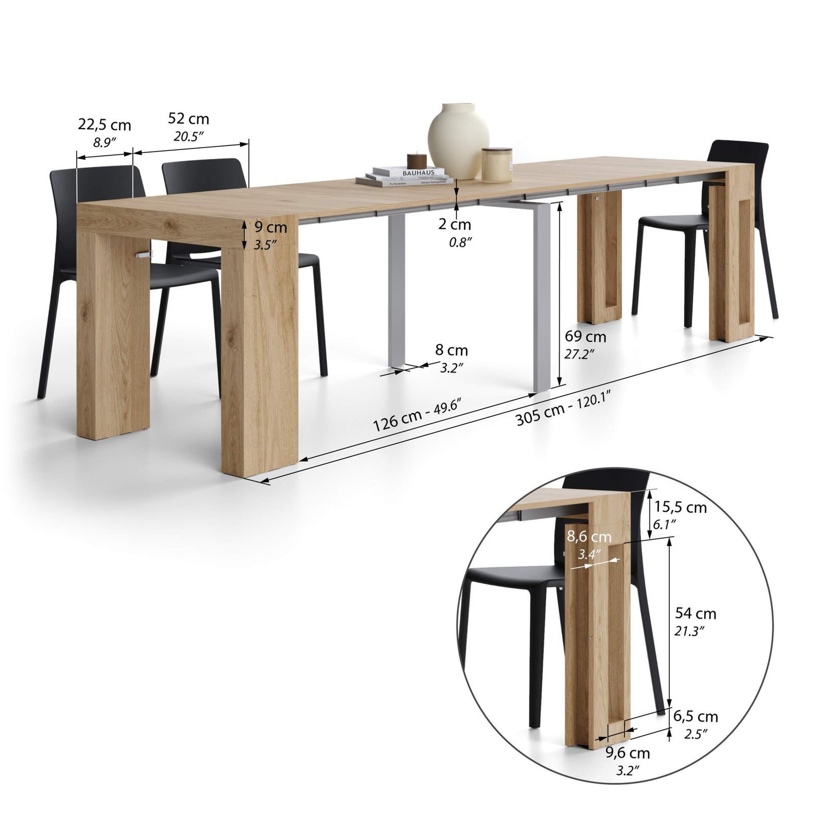 Evolution, ausziehbarer Konsolentisch mit Halterung für Verlängerungsplatten, 45(305)x80 cm, Wildeiche - Immagine tecnica 2