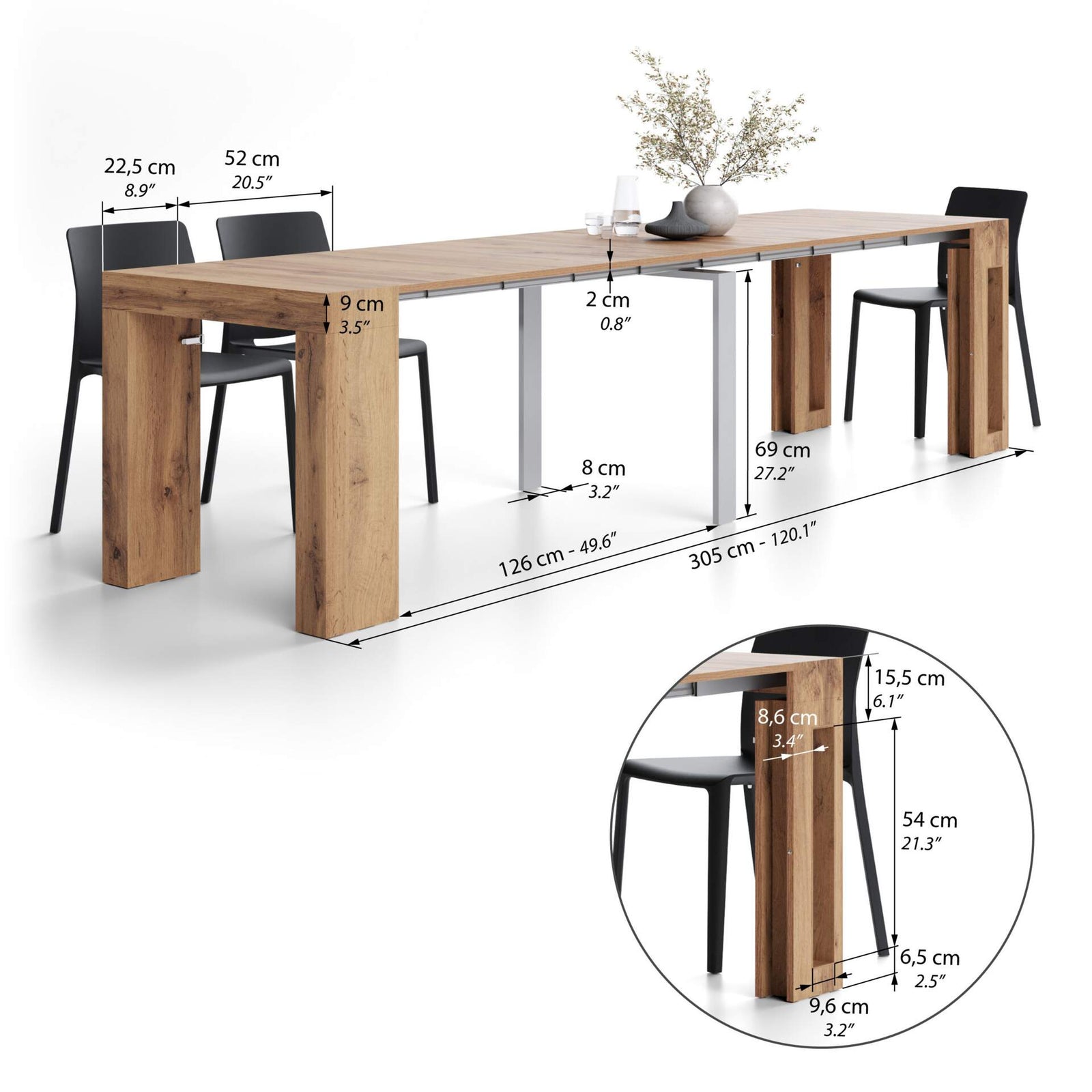 Evolution, ausziehbarer Konsolentisch mit Halterung für Verlängerungsplatten, 45(305)x80 cm, rustikale Eiche - Immagine tecnica 2