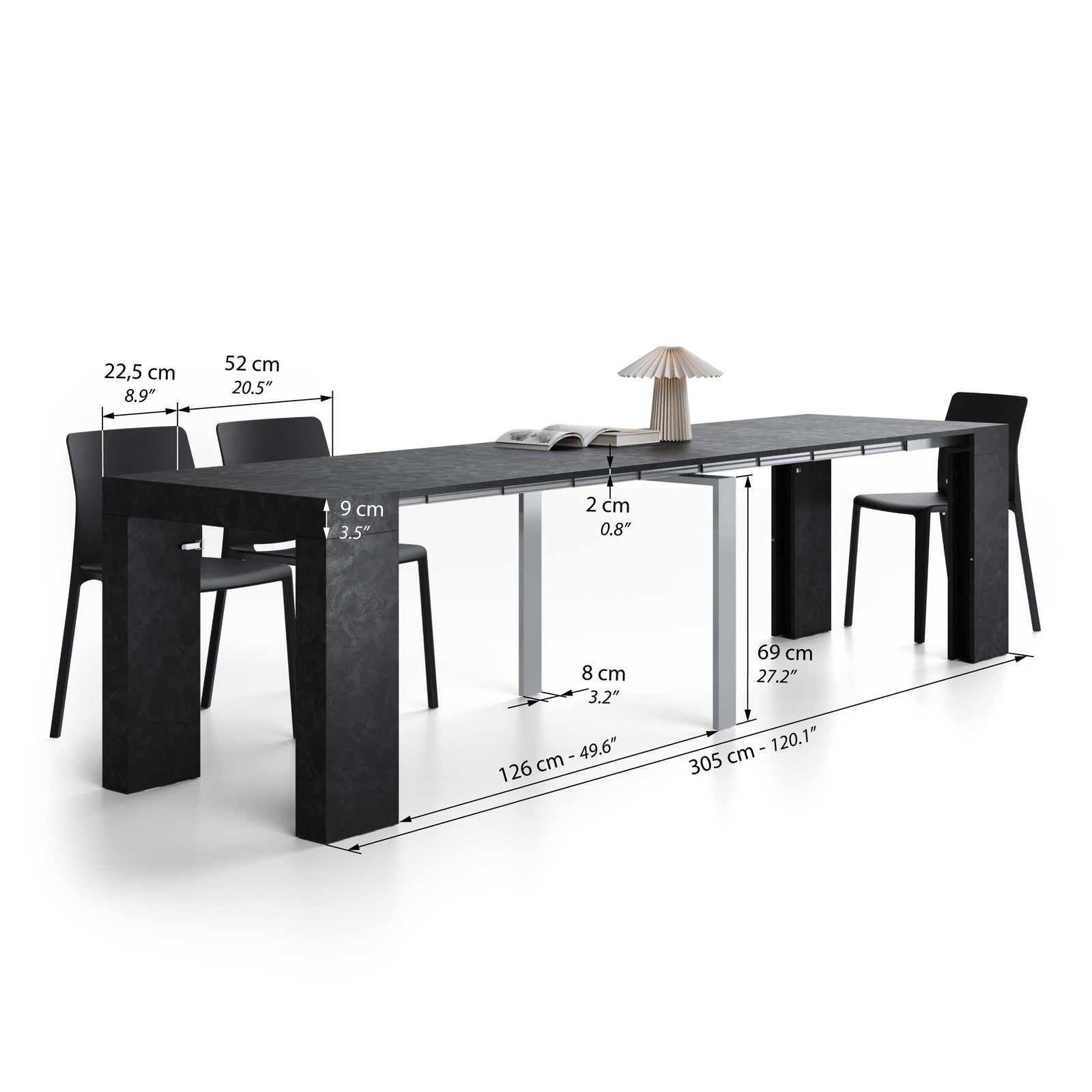 Table Console Extensible Evolution, 45(305)x80 cm, Noir Béton - Immagine tecnica 2