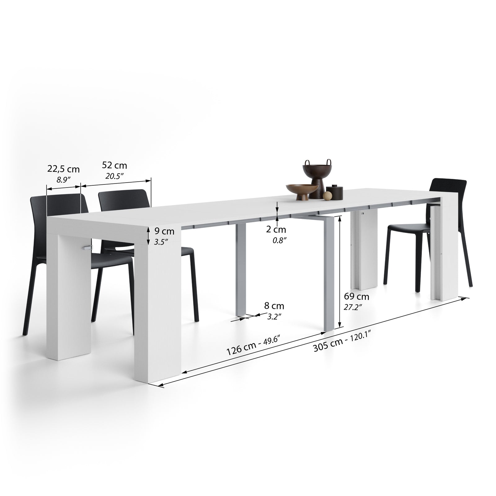Evolution, ausziehbarer Konsolentisch, 45(305)x80 cm, Esche, Weiß - Immagine tecnica 2