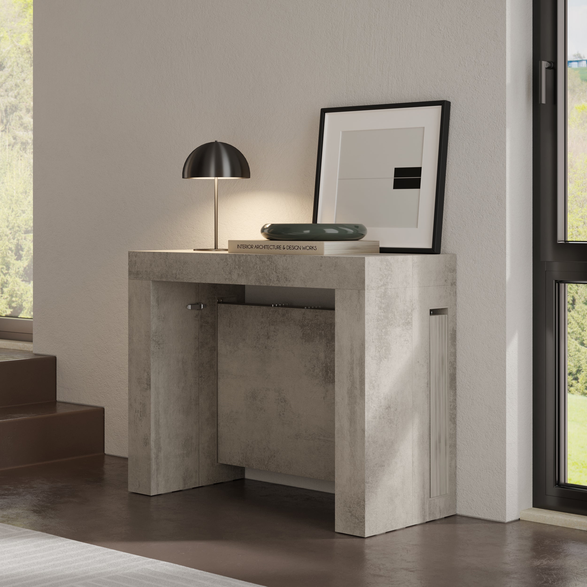 Evolution, ausziehbarer Konsolentisch mit Halterung für Verlängerungsplatten, 45(305)x80 cm, Grauer Beton - Set image 1