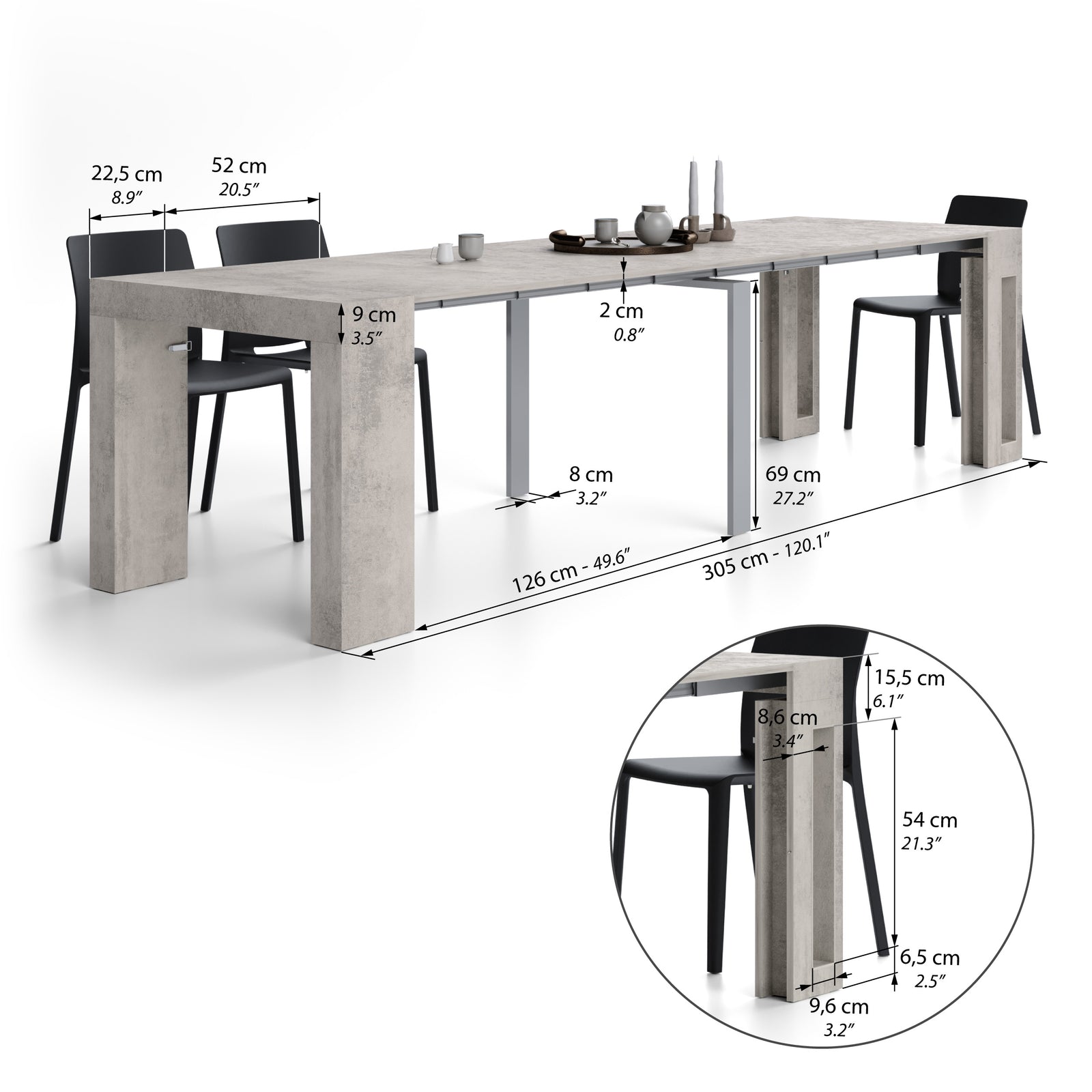 Tavolo Consolle Allungabile con Porta Allunghe Evolution, 45(305)x90, Grigio Cemento - Immagine tecnica 2