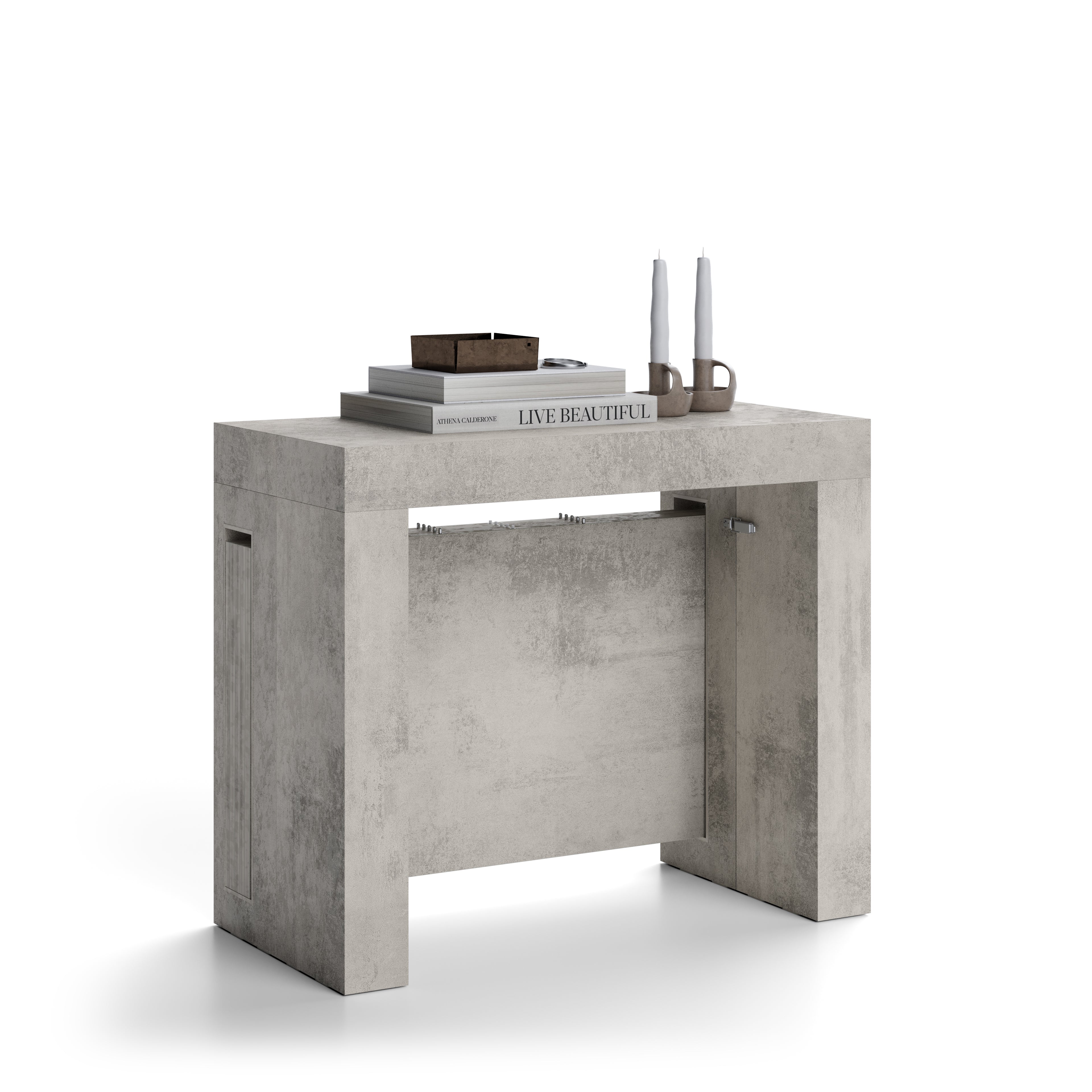 Tavolo Consolle Allungabile con Porta Allunghe Evolution, 45(305)x90, Grigio Cemento