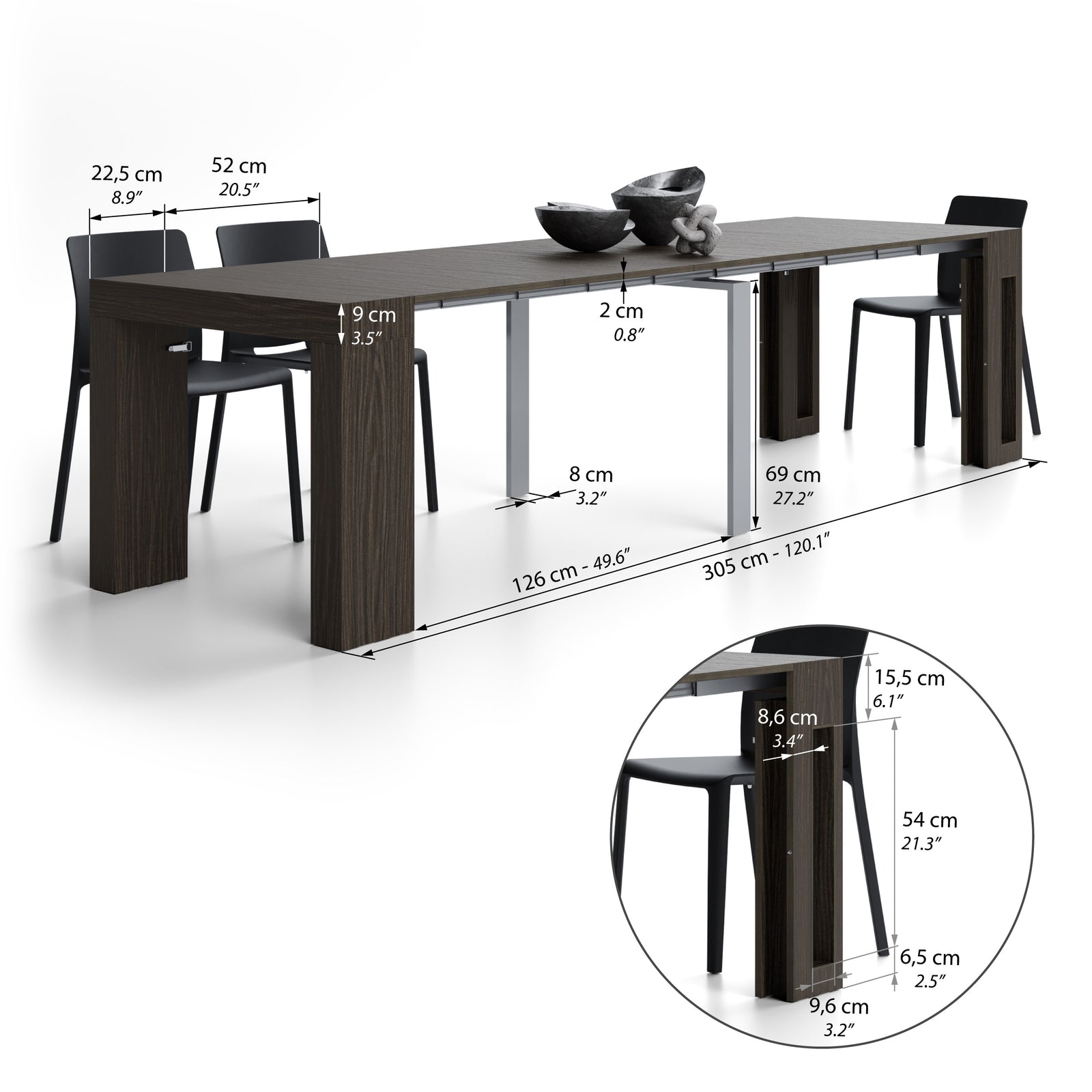 Mesa Consola Extensível com porta-extensões Evolution 45(305)x90 cm, Nogueira Escuro - Immagine tecnica 2