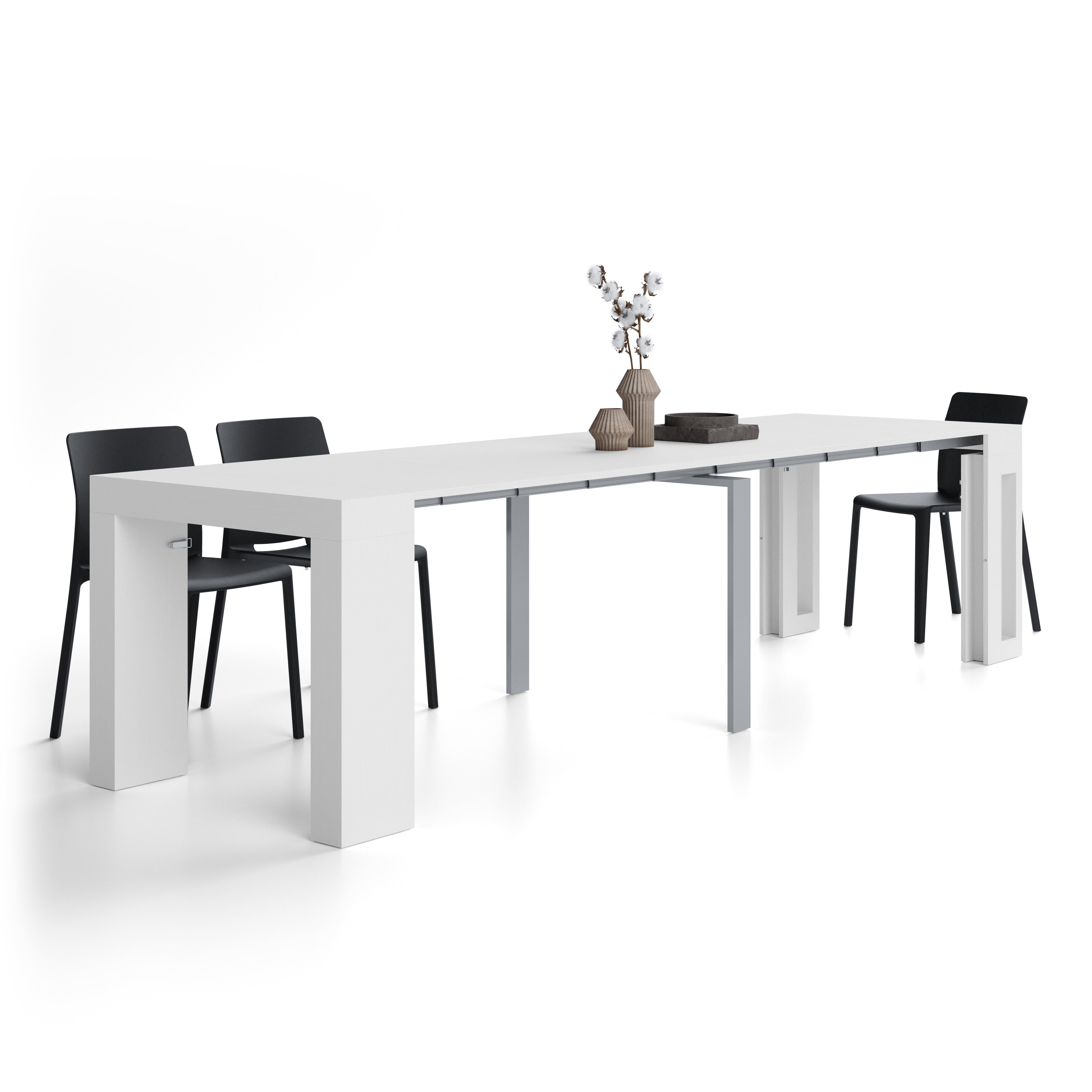 Table Console Extensible avec rallonges intégrées Evolution, 45(305)x90 cm, Frêne Blanc