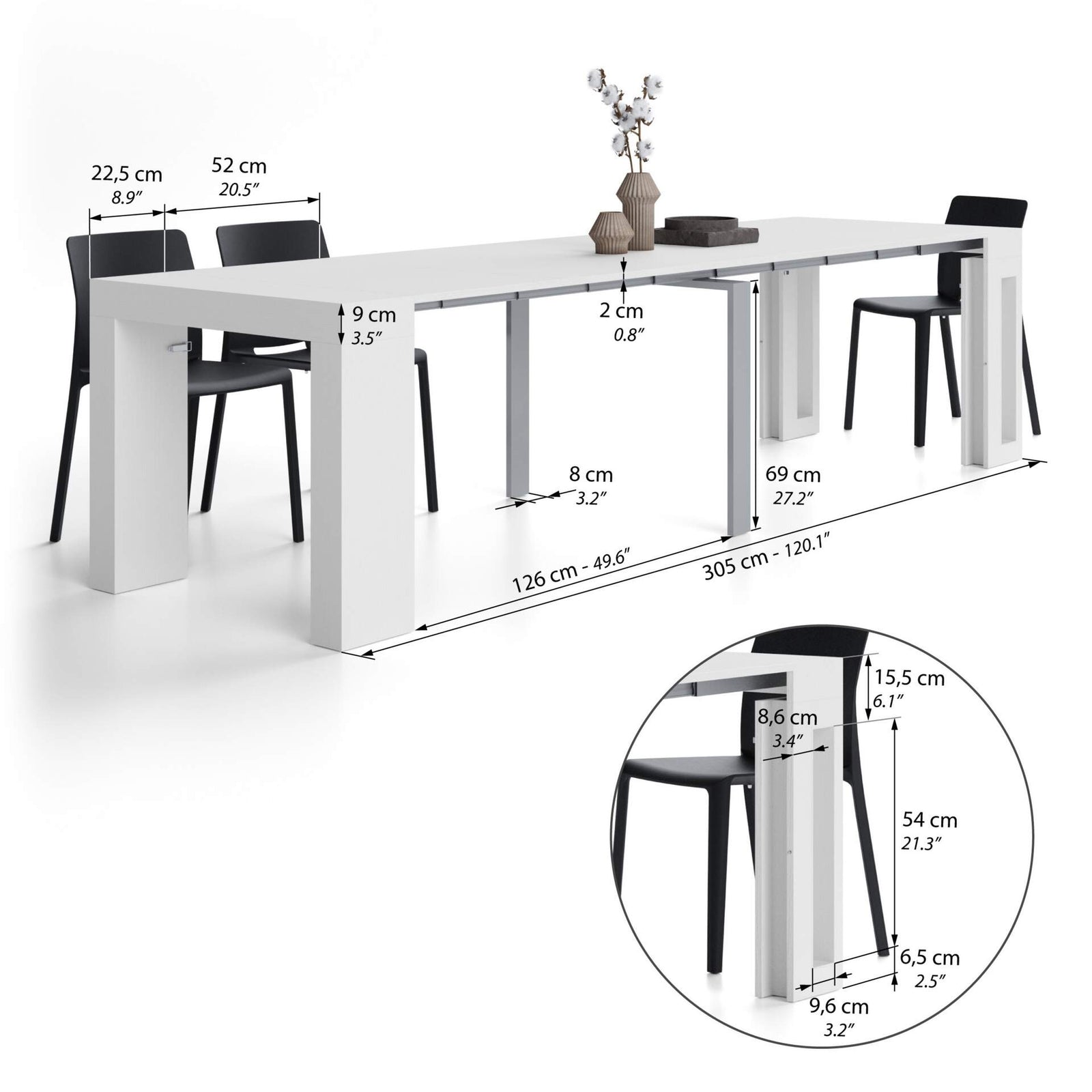 Evolution, ausziehbarer Konsolentisch mit Halterung für Verlängerungsplatten, 45(305)x90 cm, Esche, Weiß - Immagine tecnica 2