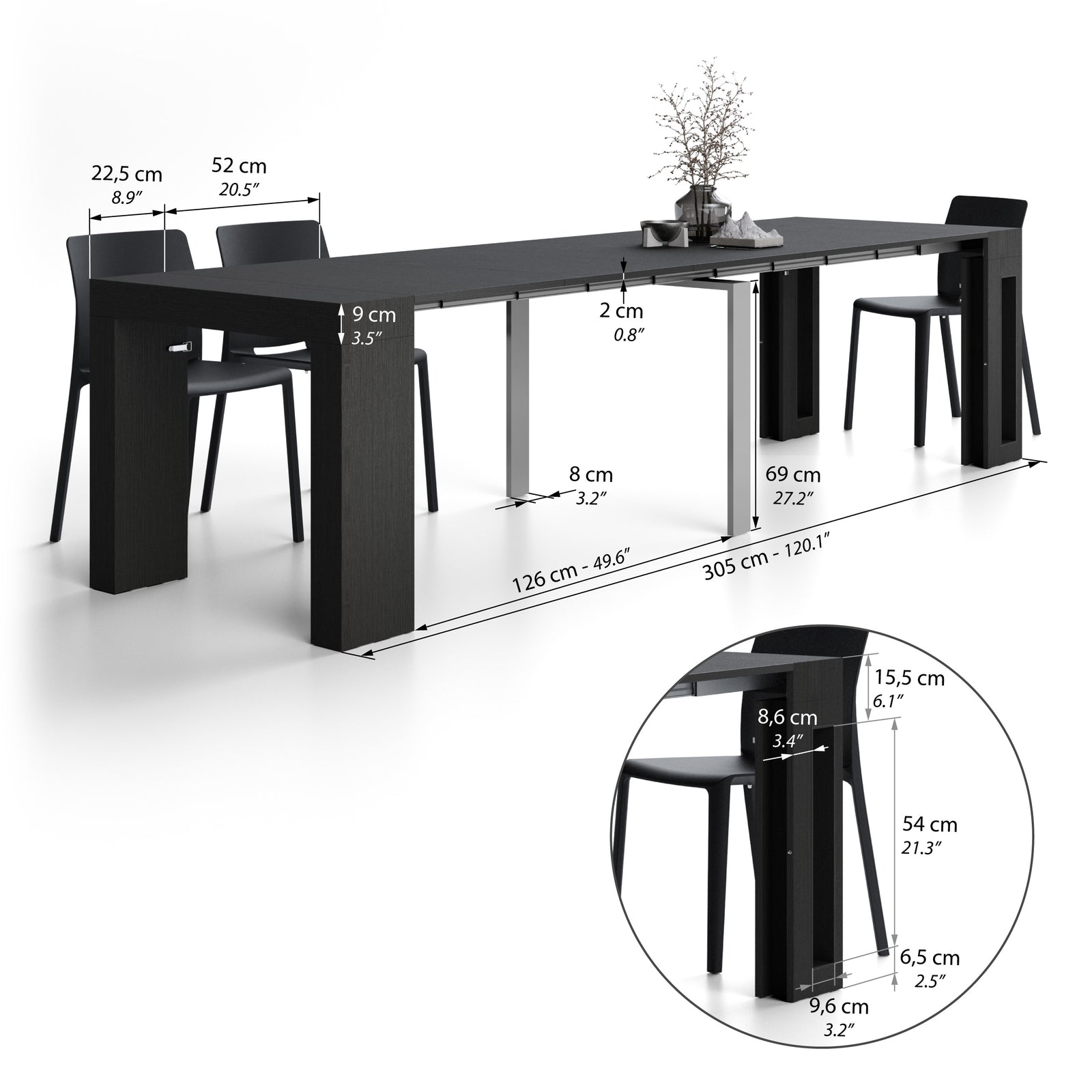 Mesa Consola Extensível com porta-extensões Evolution 45(305)x90 cm, Freixo Preto - Immagine tecnica 2
