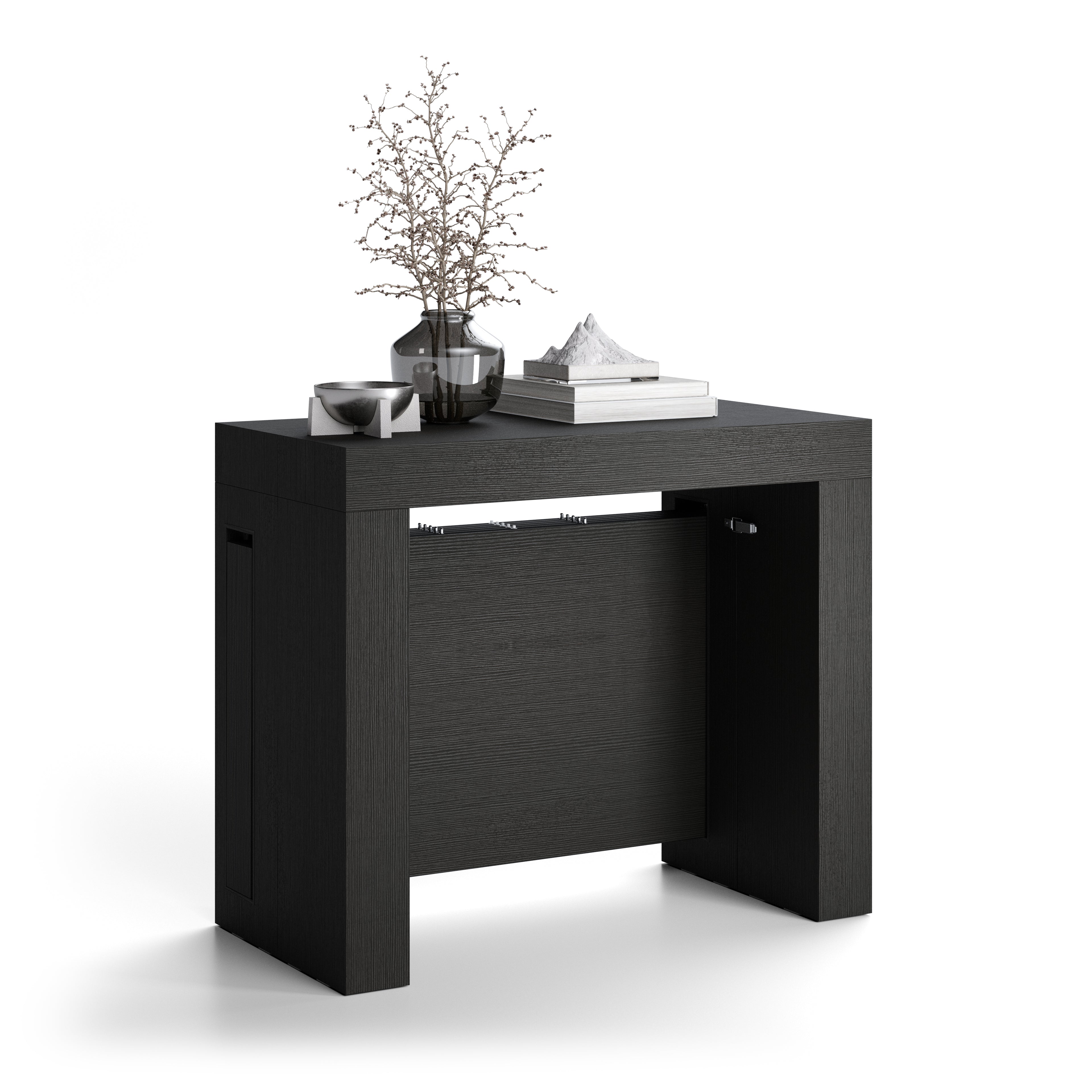 Tavolo Consolle Allungabile con Porta Allunghe Evolution, 45(305)x90, Nero Frassino